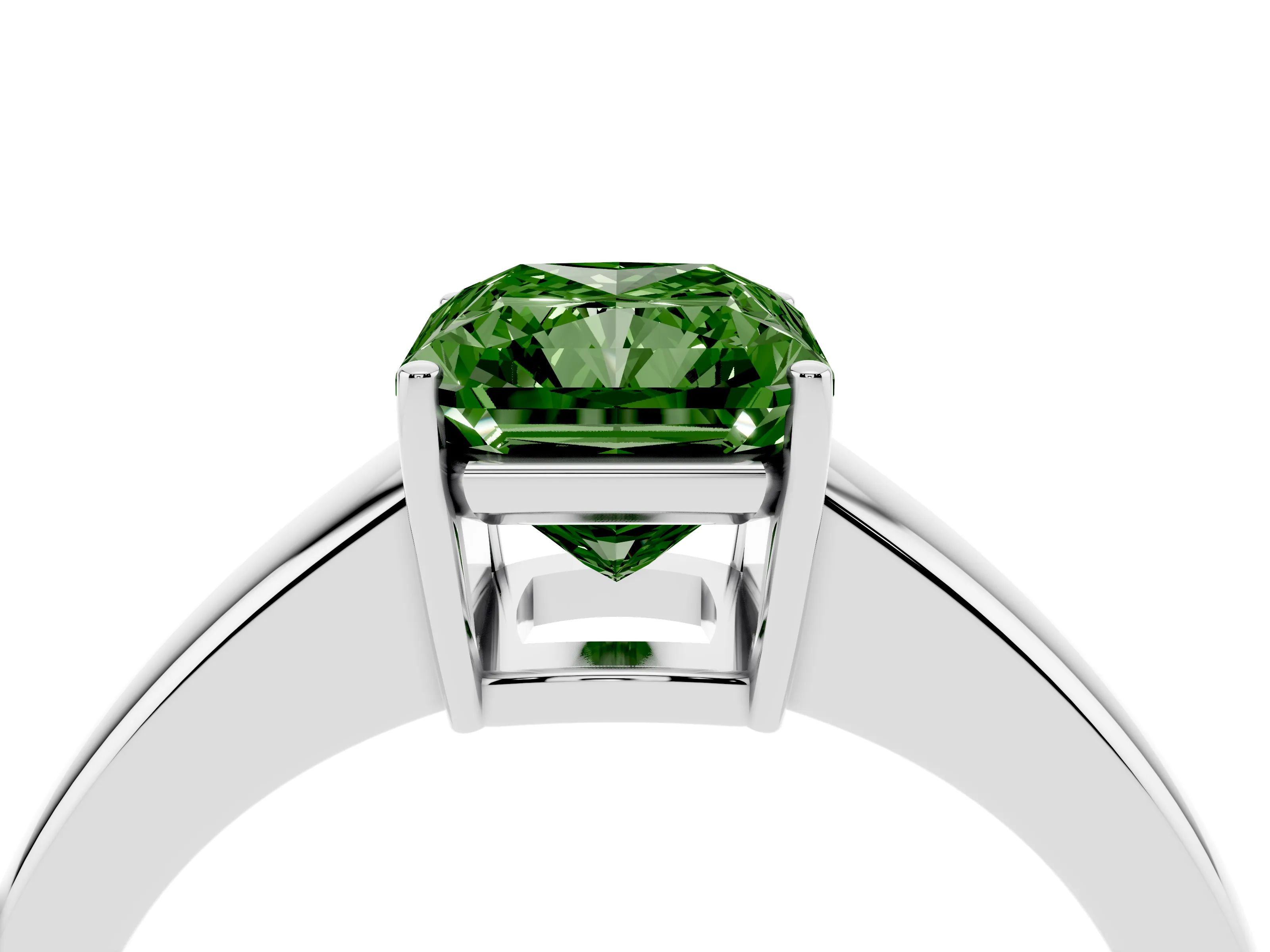 Fancy Green Radiant Cut Diamond Solitaire Ring Set in White gold with Tapered Band and Prong Setting