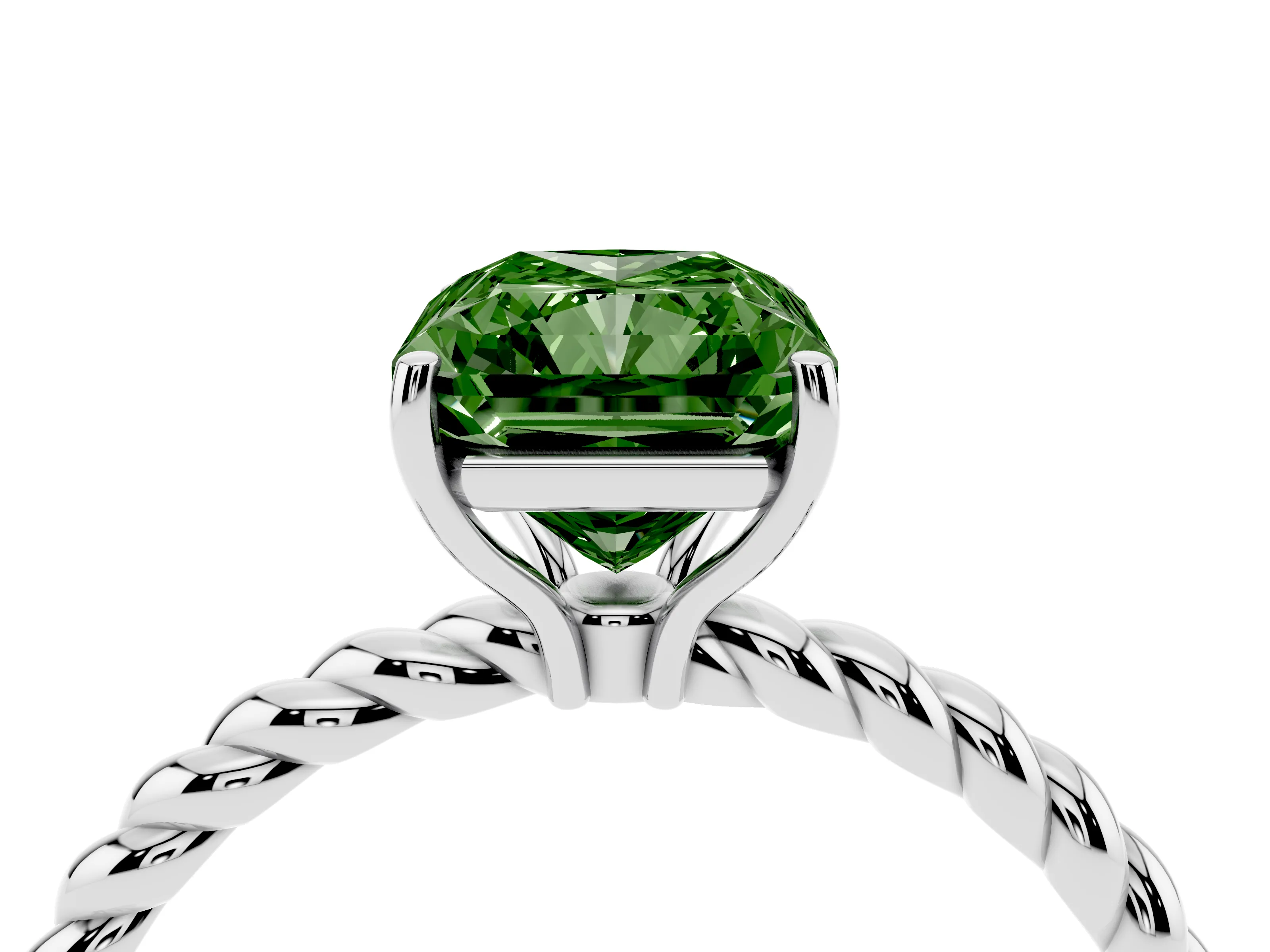 Fancy Green Radiant Cut Diamond Solitaire Ring Set in White gold with Twist Band and Prong Setting