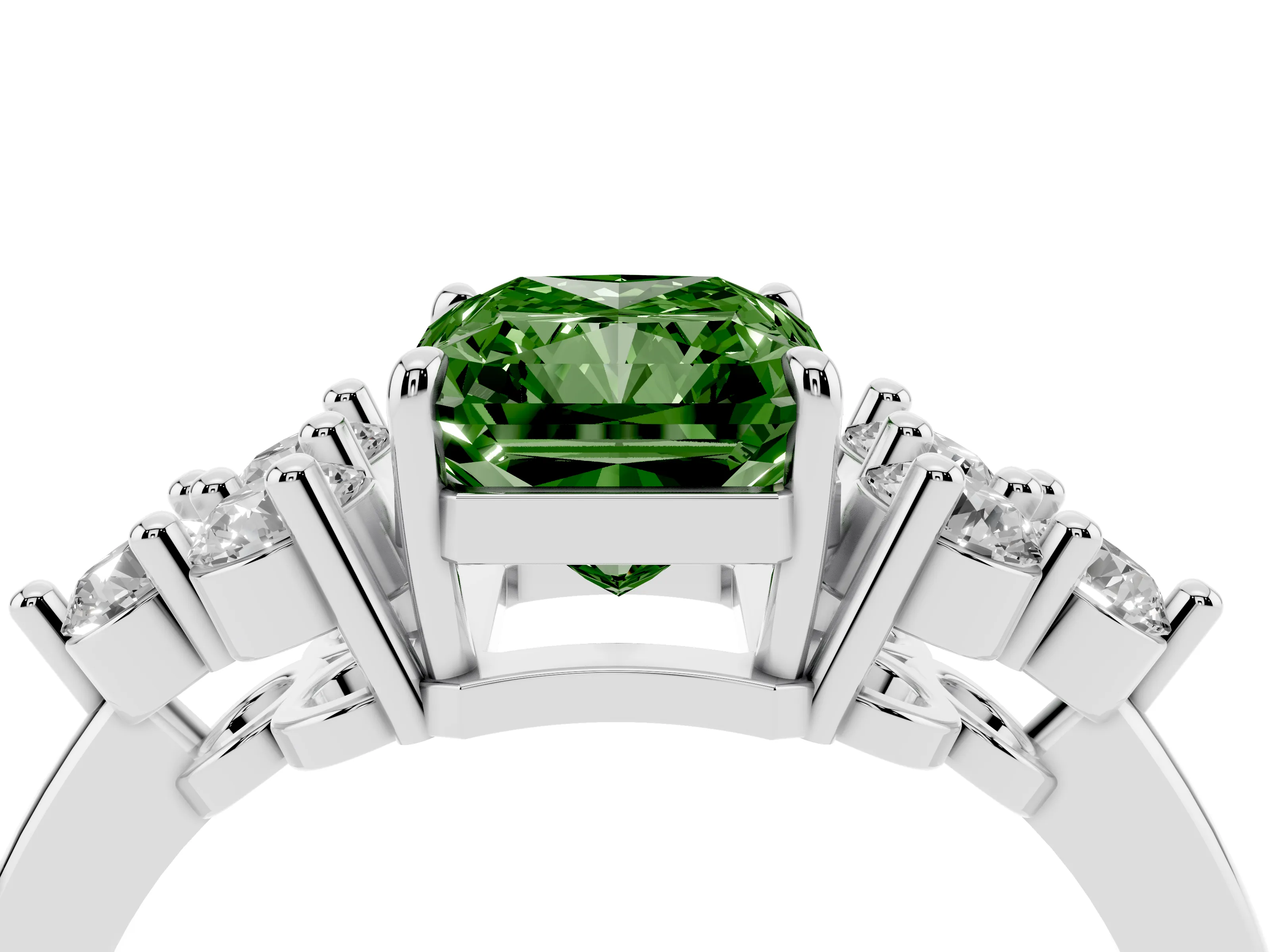 Fancy Green Radiant Cut Diamond Solitaire Ring Set in White gold with Cluster Accents on Each Side