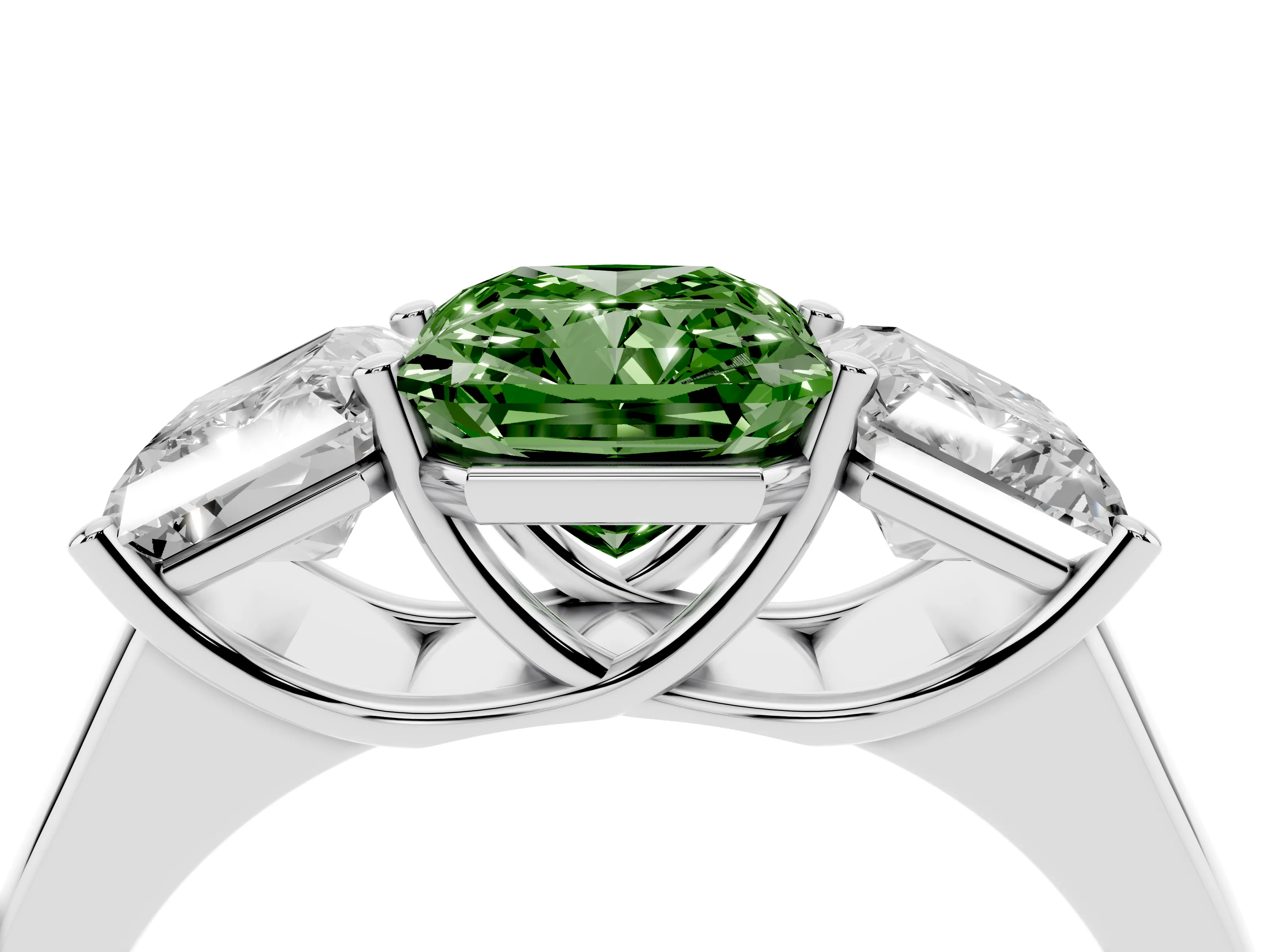 Fancy Green Radiant Cut Diamond Three-Stone Ring Set in White gold with Plain Polished Band