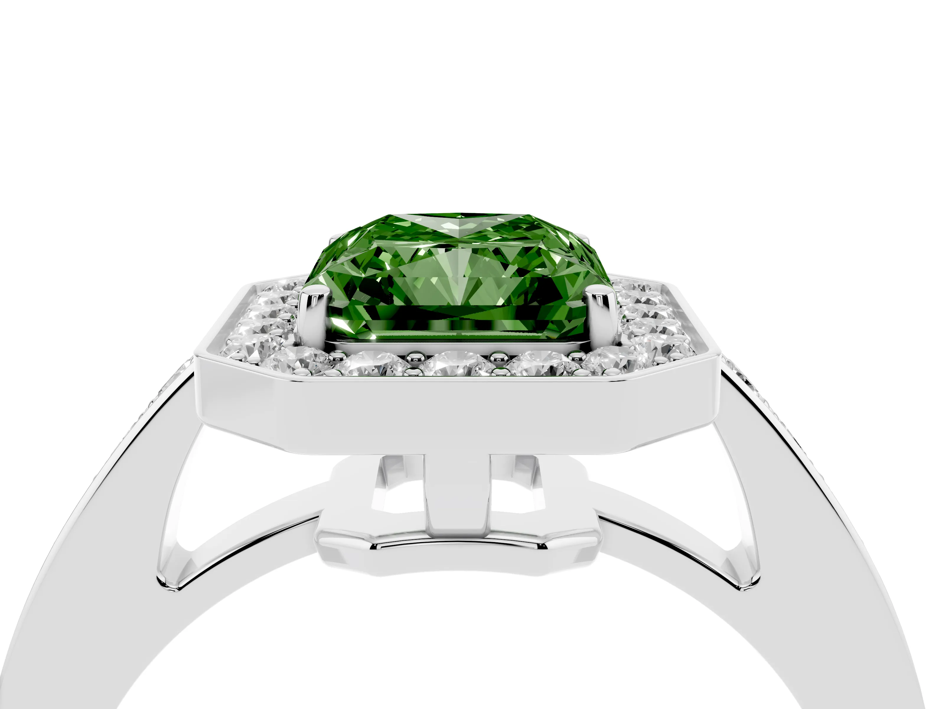 Fancy Green Radiant Cut Diamond Halo Pavé Engagement Ring Set in Platinum with Bezel Setting