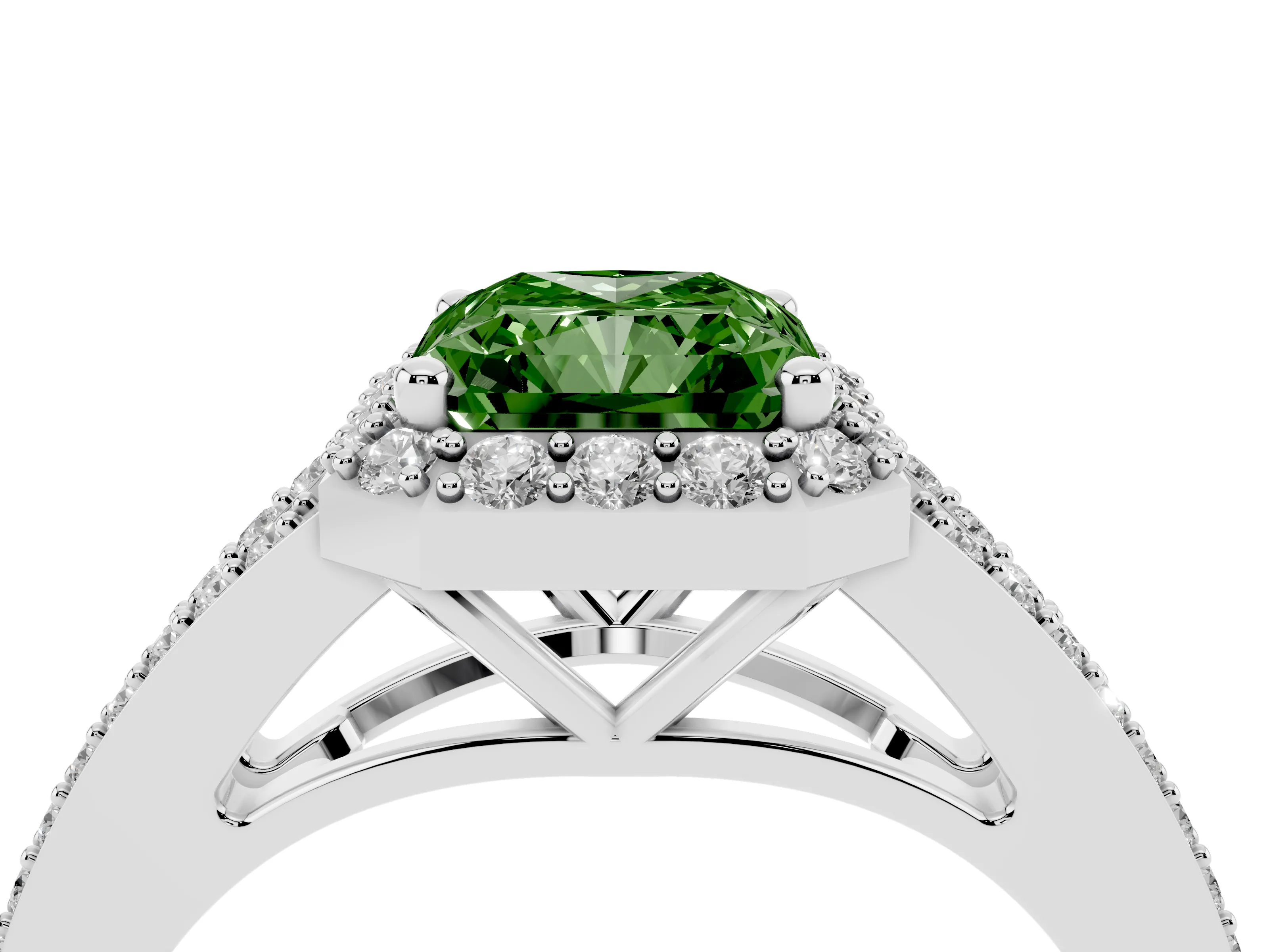 Fancy Green Radiant Cut Diamond Halo Split Shank Pavé Ring Set in Platinum with Prong Setting