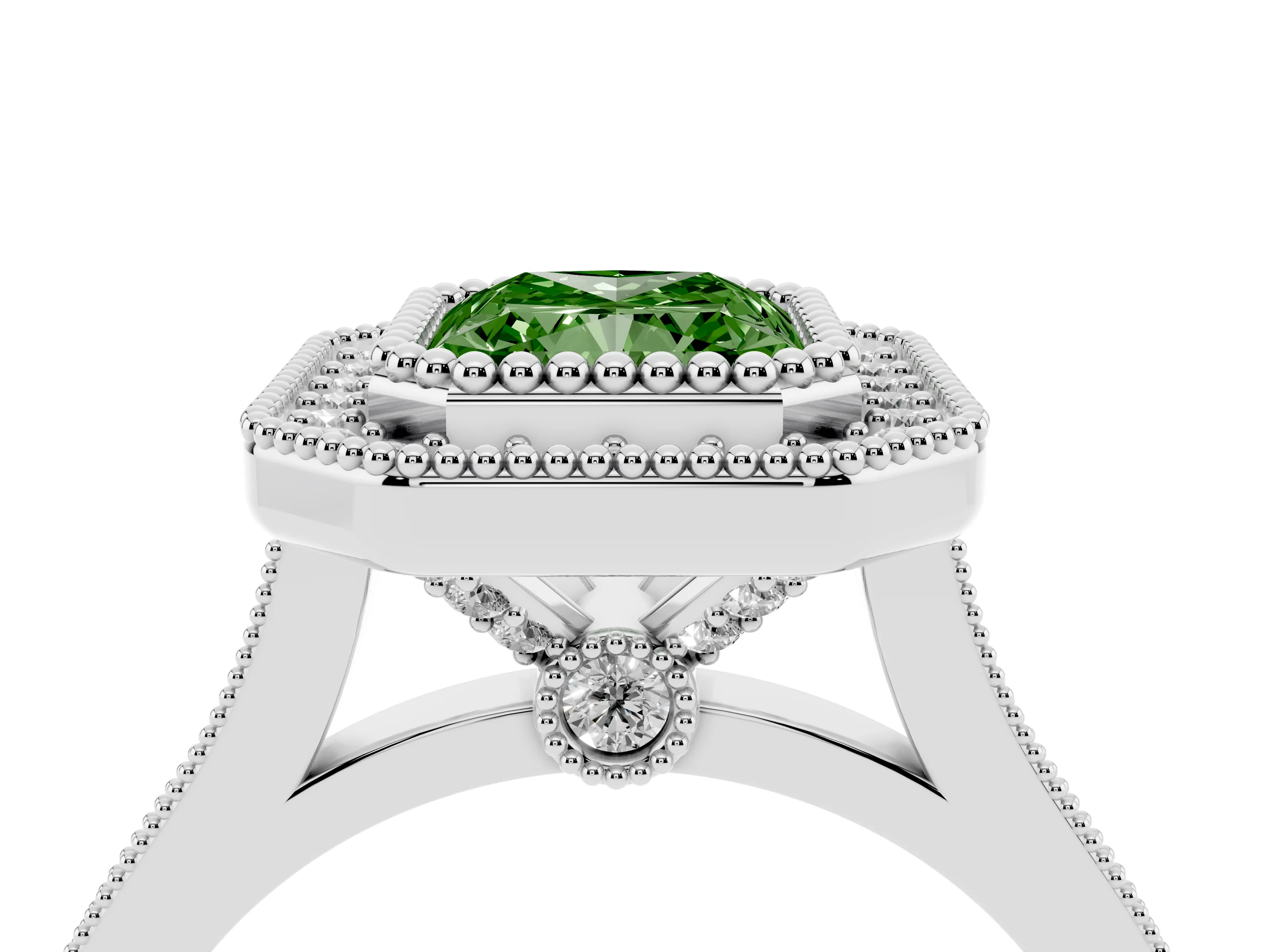 Fancy Green Radiant Cut Diamond Halo Ring Set in White gold with Milgrain Frame and Pavé Band