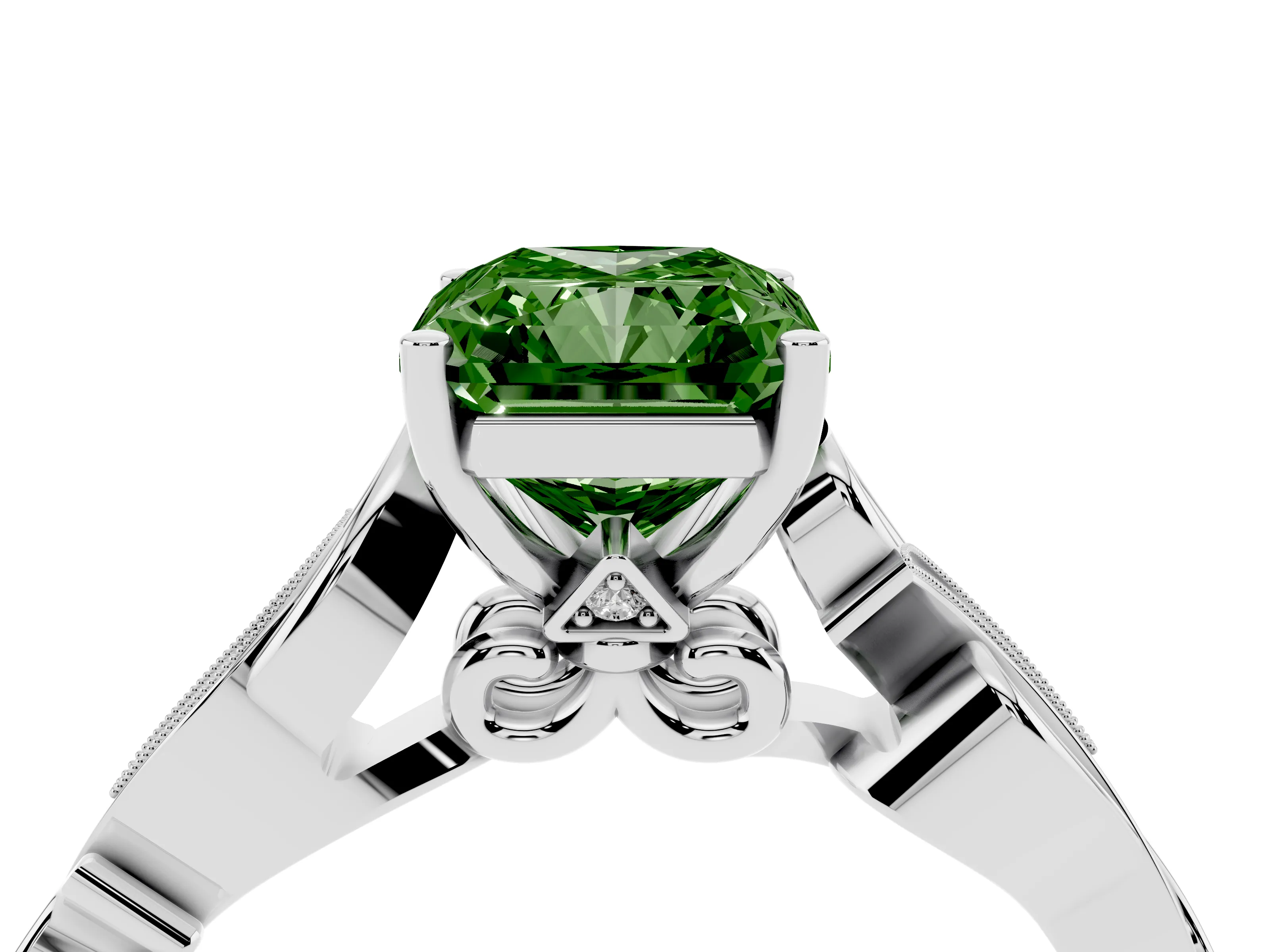 Fancy Green Radiant Cut Diamond Vine Band Solitaire Ring Set in Platinum with Milgrain Prong Setting
