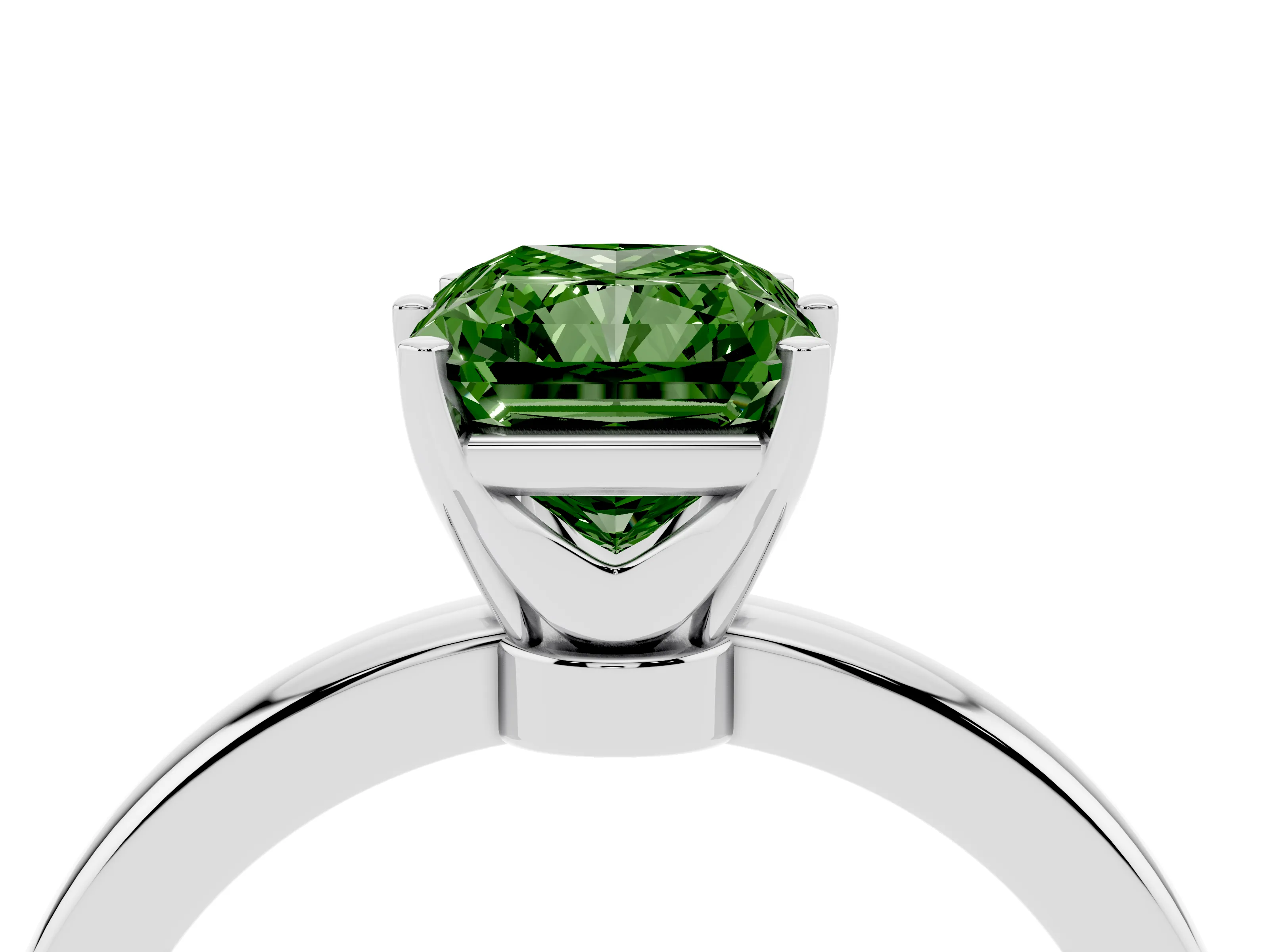 Fancy Green Radiant Cut Diamond Solitaire Ring Set in Silver with Raised Prong Setting on a Classic Band