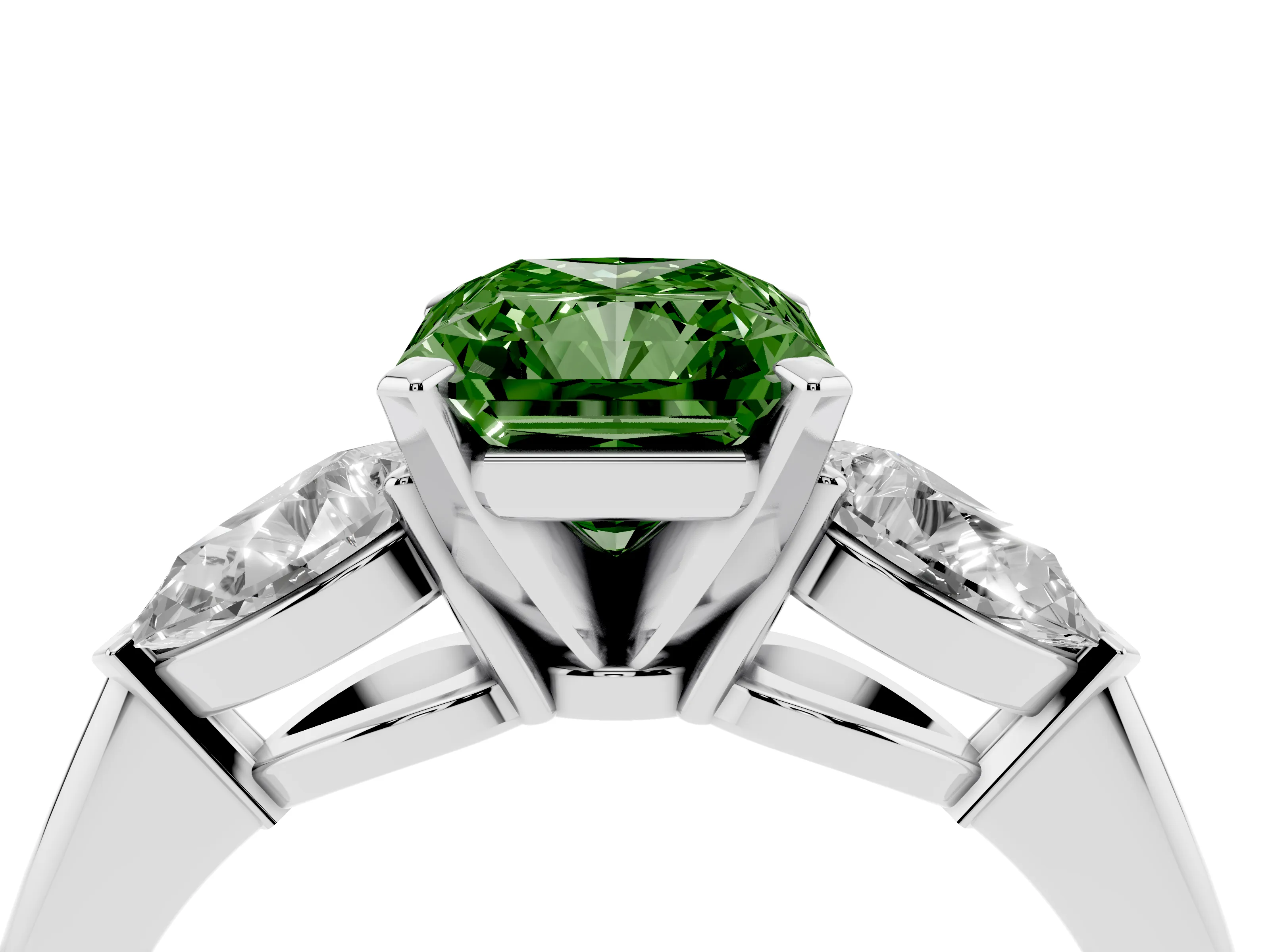 Fancy Green Three-Stone Radiant Cut Diamond Ring Set in Platinum with Pear Side Stones and Prong Setting