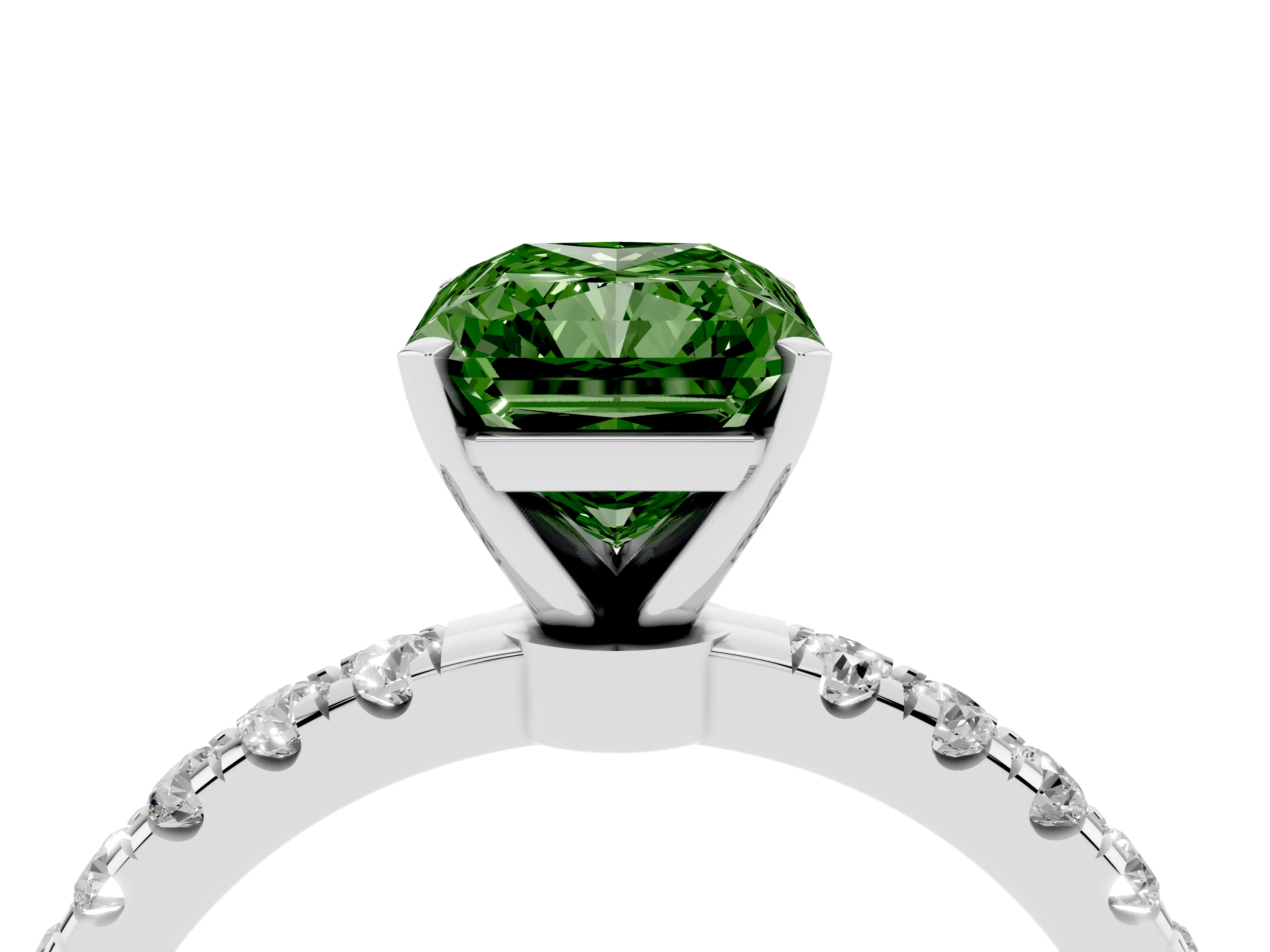 Fancy Green Radiant Cut Diamond Solitaire Ring Set in Silver with Pavé Accents and Prong Setting