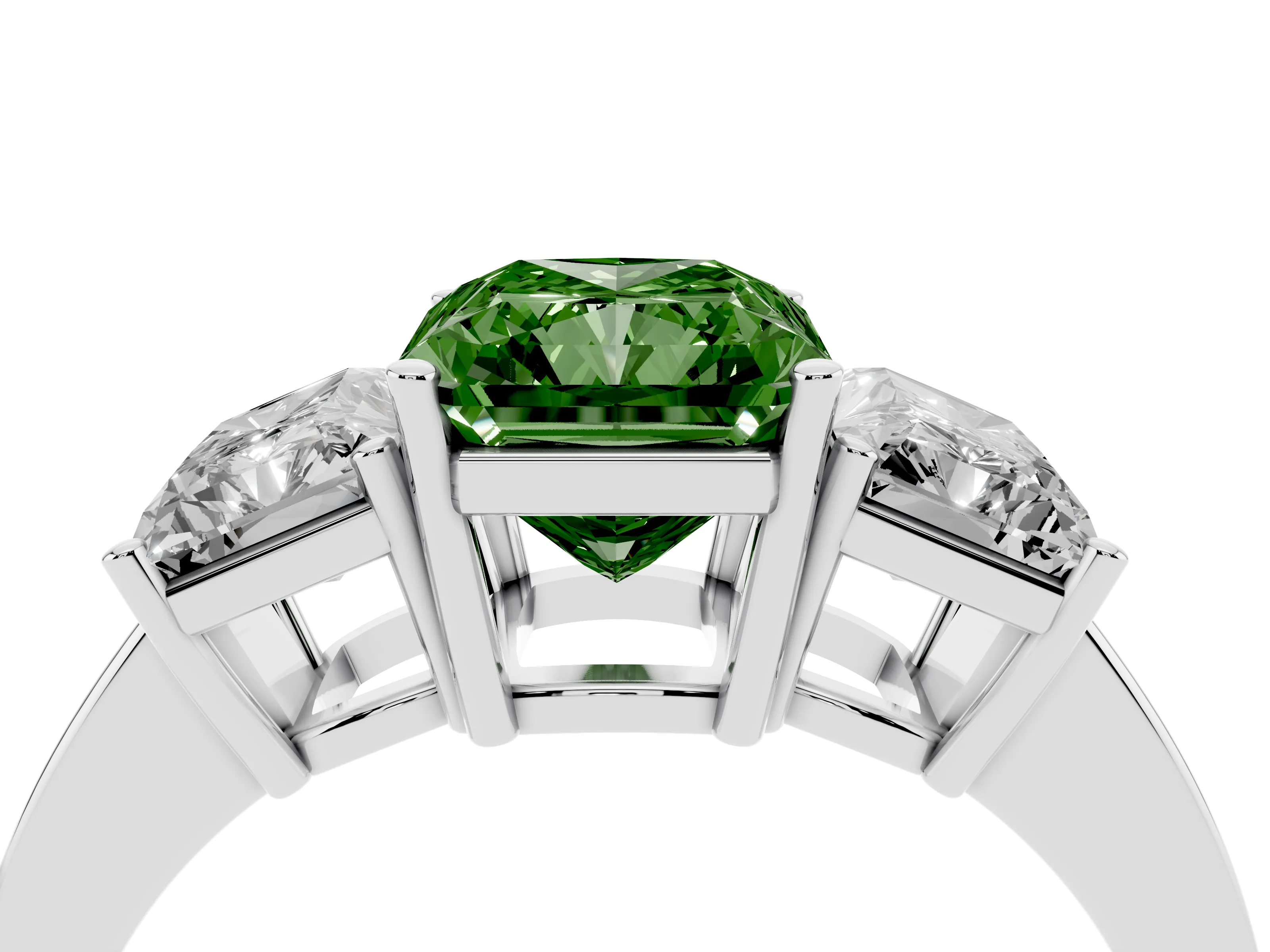 Fancy Green Radiant Cut Diamond Three-Stone Engagement Ring Set in White gold with Flat Band