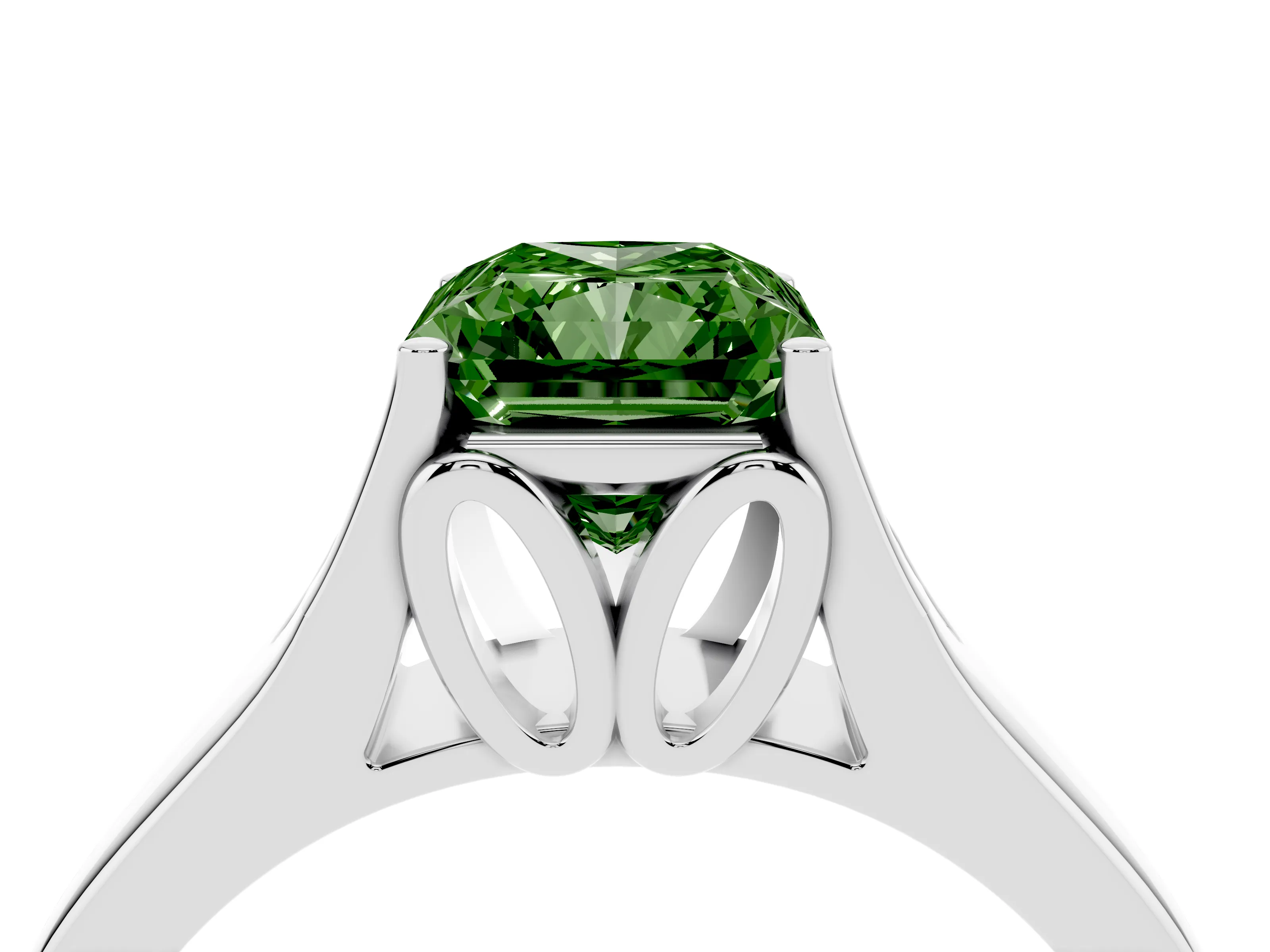 Fancy Green Radiant Cut Diamond Solitaire Ring Set in Platinum with Arched Cathedral Band and Prong Setting