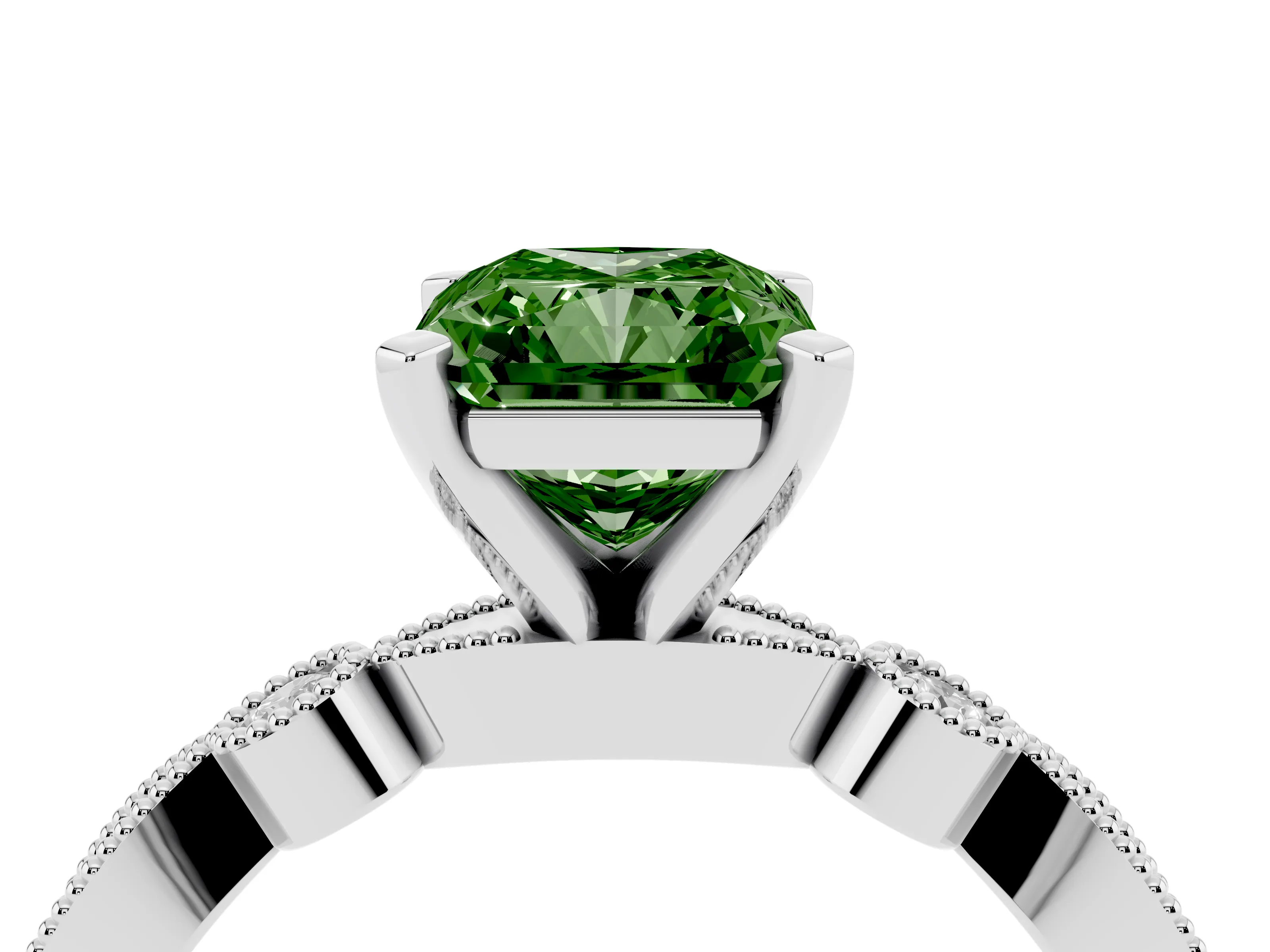 Fancy Green Radiant Cut Diamond Solitaire Engagement Ring Set in White gold with Milgrain Bezel Accent Band