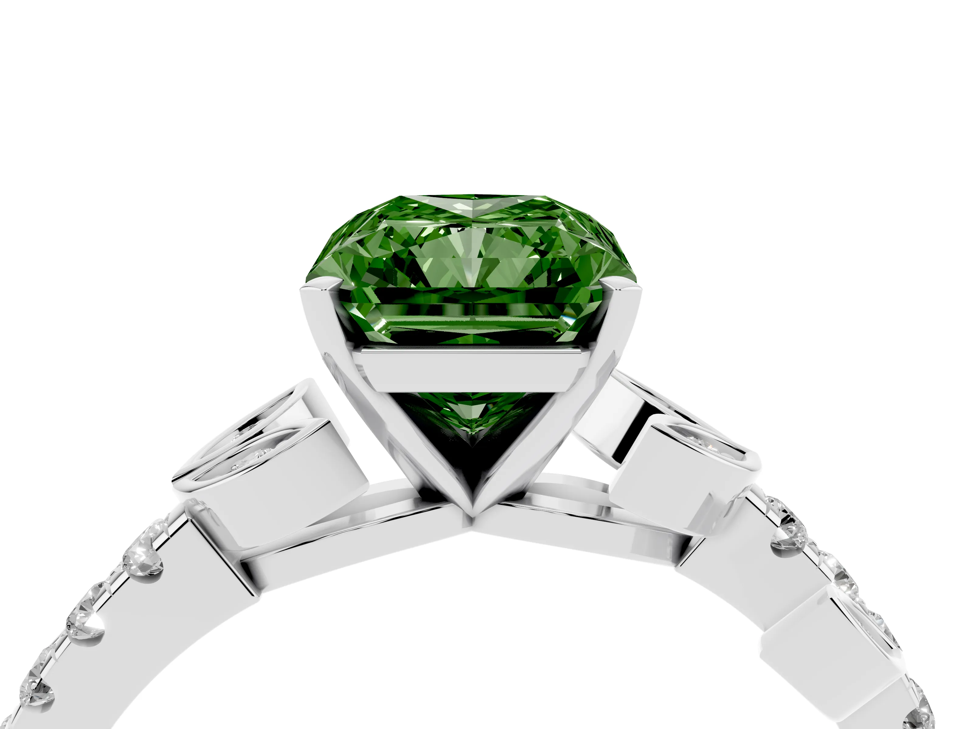Fancy Green Radiant Cut Diamond Solitaire Leaf-Inspired Ring Set in Platinum with Pavé Band and Prong Setting