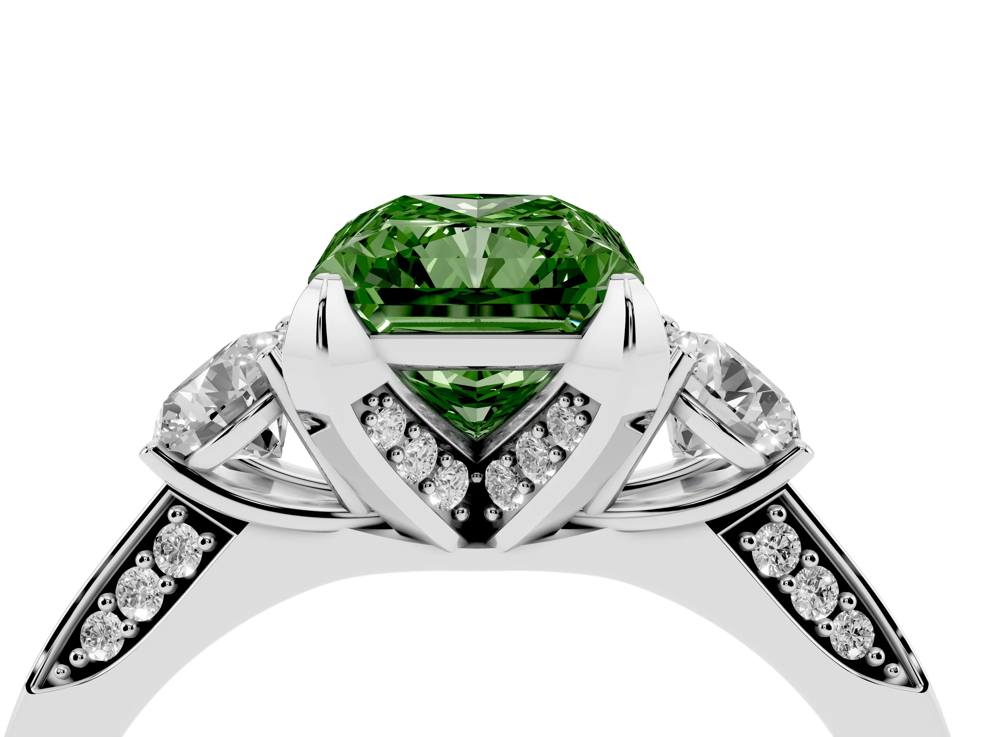 Fancy Green Radiant Cut Diamond Three-Stone Ring Set in Silver with Pavé Band and Smaller Side Stones