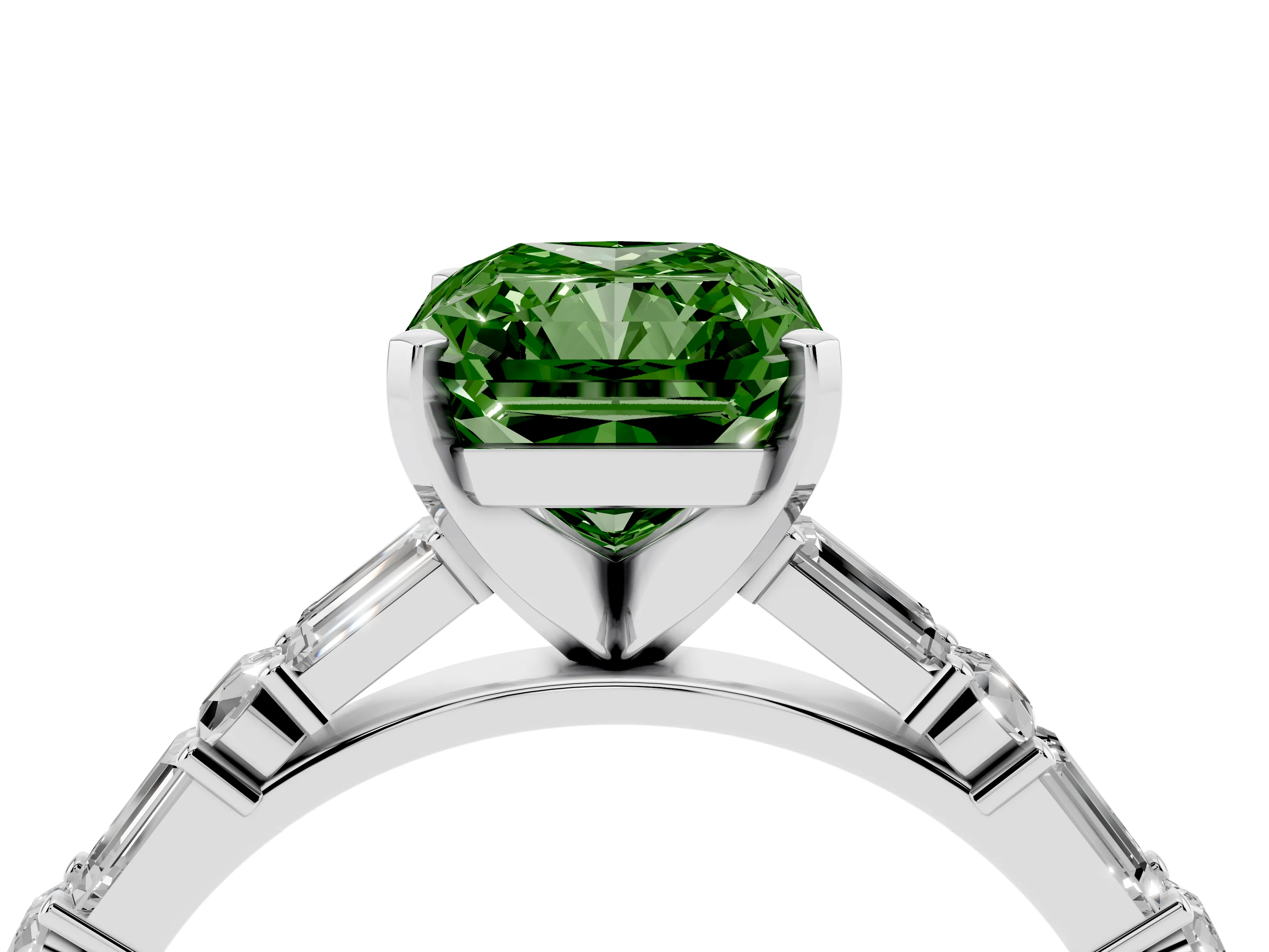 Fancy Green Radiant Cut Diamond Solitaire Set in Platinum with Side Baguettes and Channel Set Band