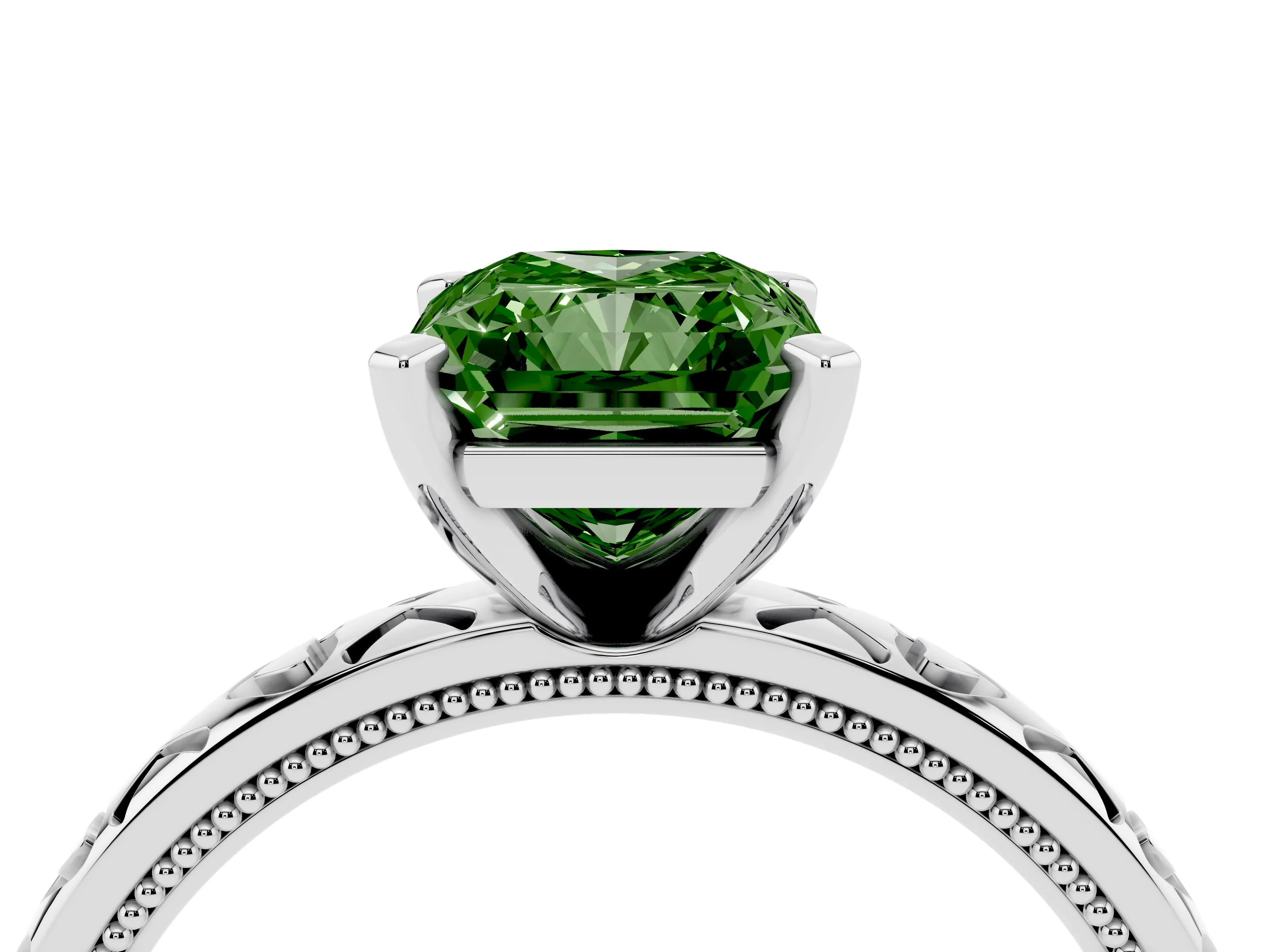 Fancy Green Radiant Cut Diamond Solitaire Engagement Ring Set in Platinum with XO Engraved Band and Prong Setting