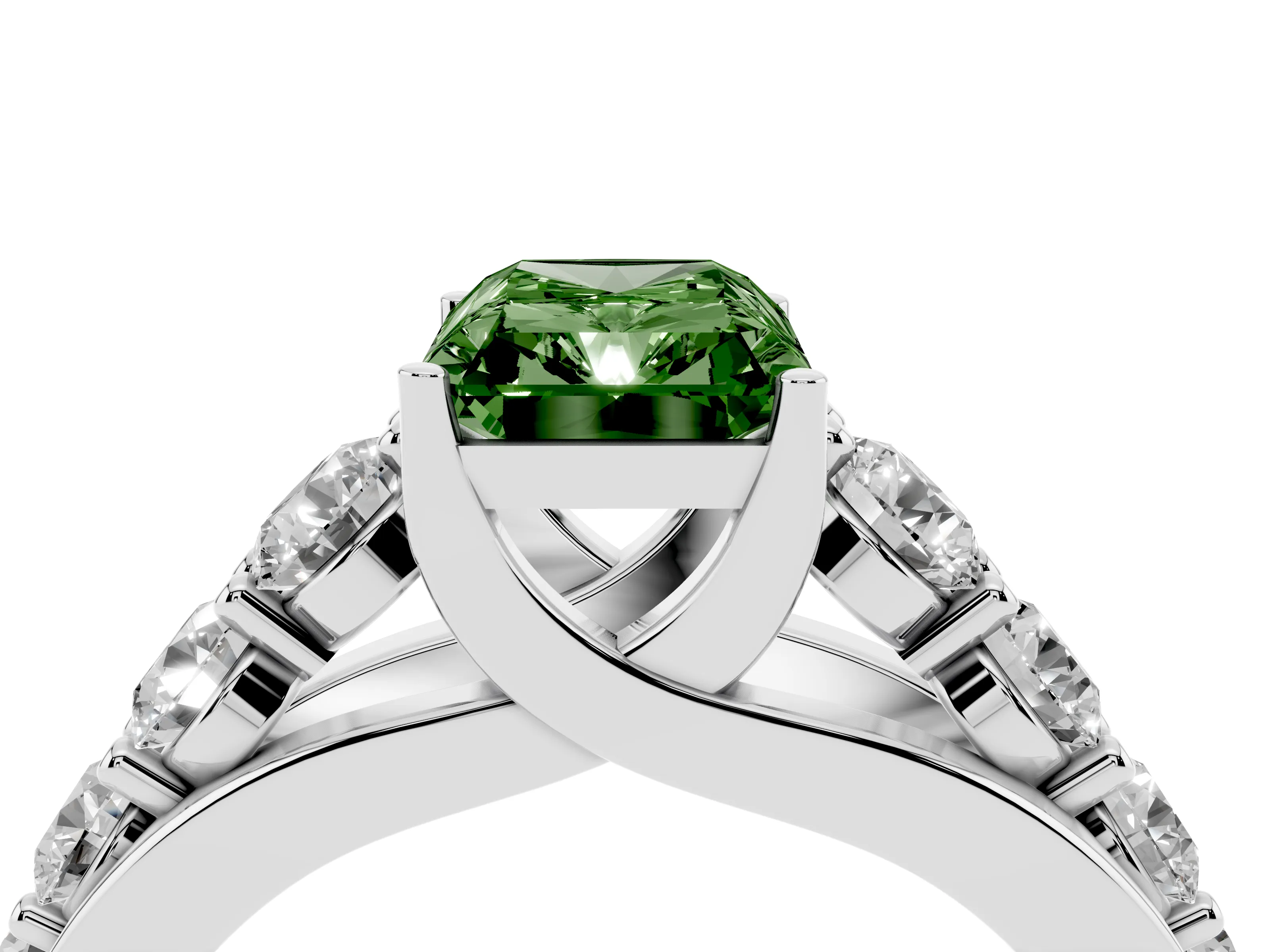 Fancy Green Radiant Cut Diamond Pavé Engagement Ring Set in Silver with Prong Setting