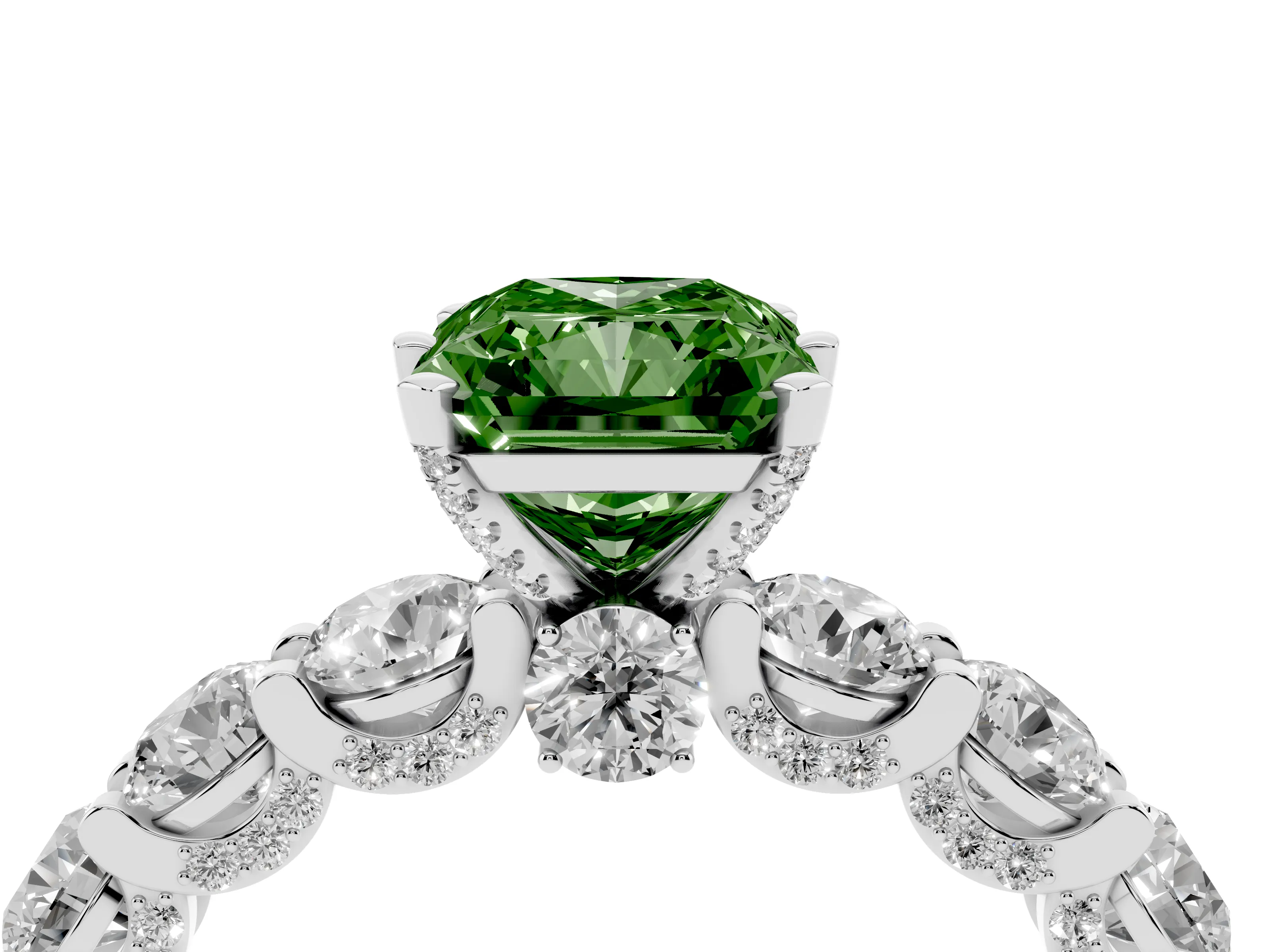 Fancy Green Radiant Cut Diamond Side Stone Ring Set in White gold with Alternating Round and Oval Side Stones
