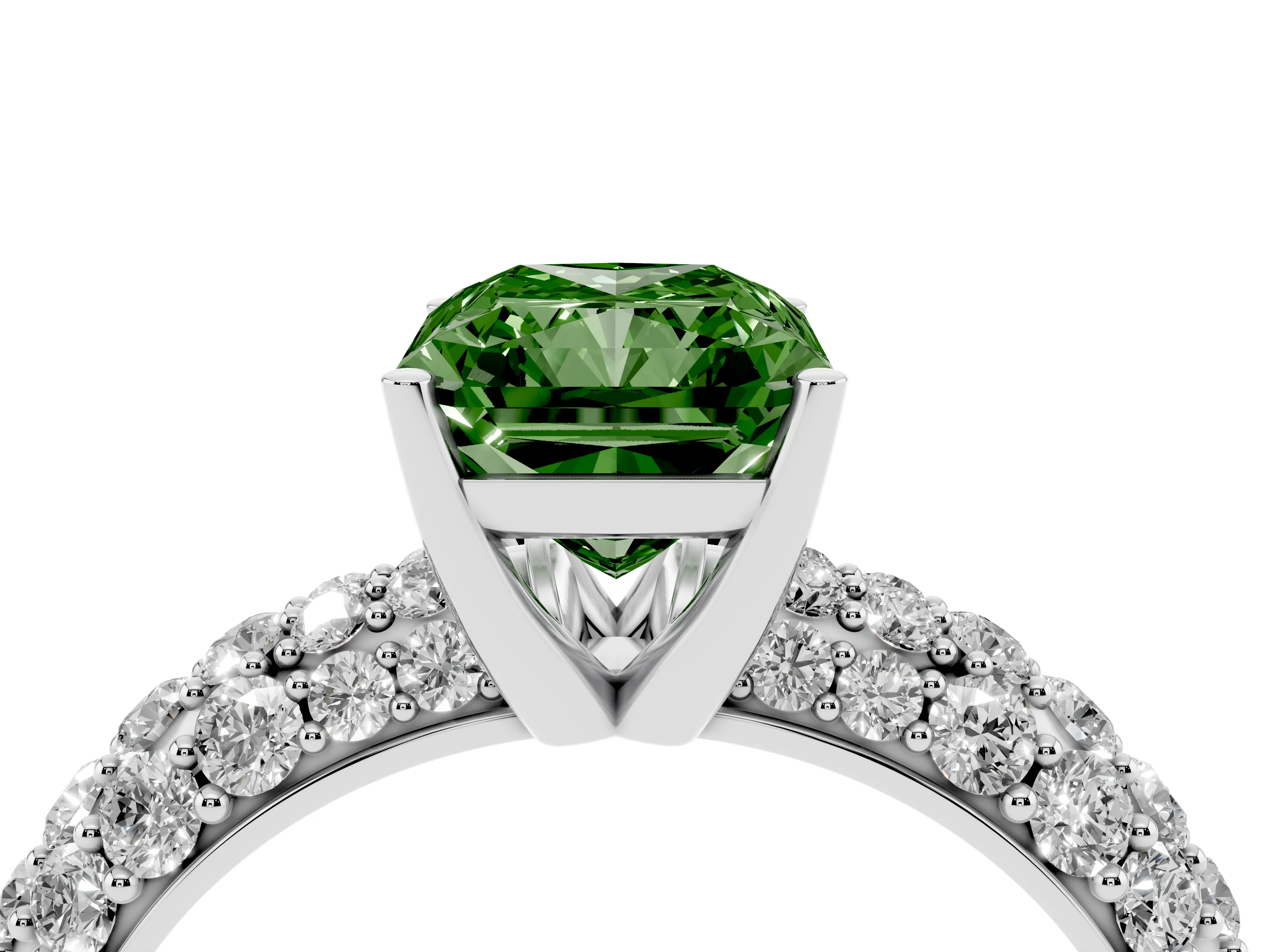 Fancy Green Radiant Cut Diamond Pavé Band Solitaire Ring Set in White gold with Close-Set Accent Stones and Prong Setting