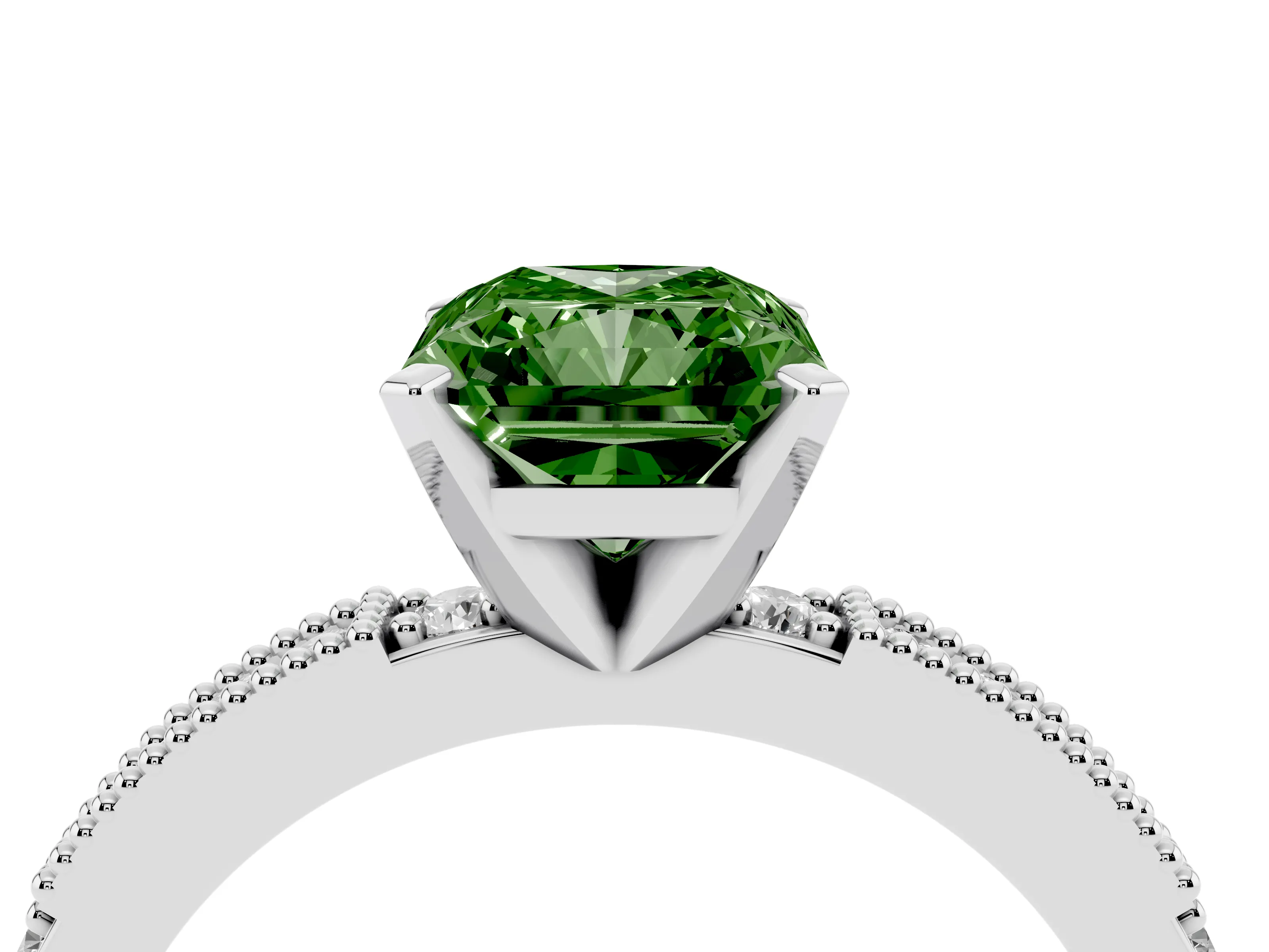 Fancy Green Radiant Cut Diamond Solitaire Ring Set in White gold with Slim Pavé Band and Prong Setting