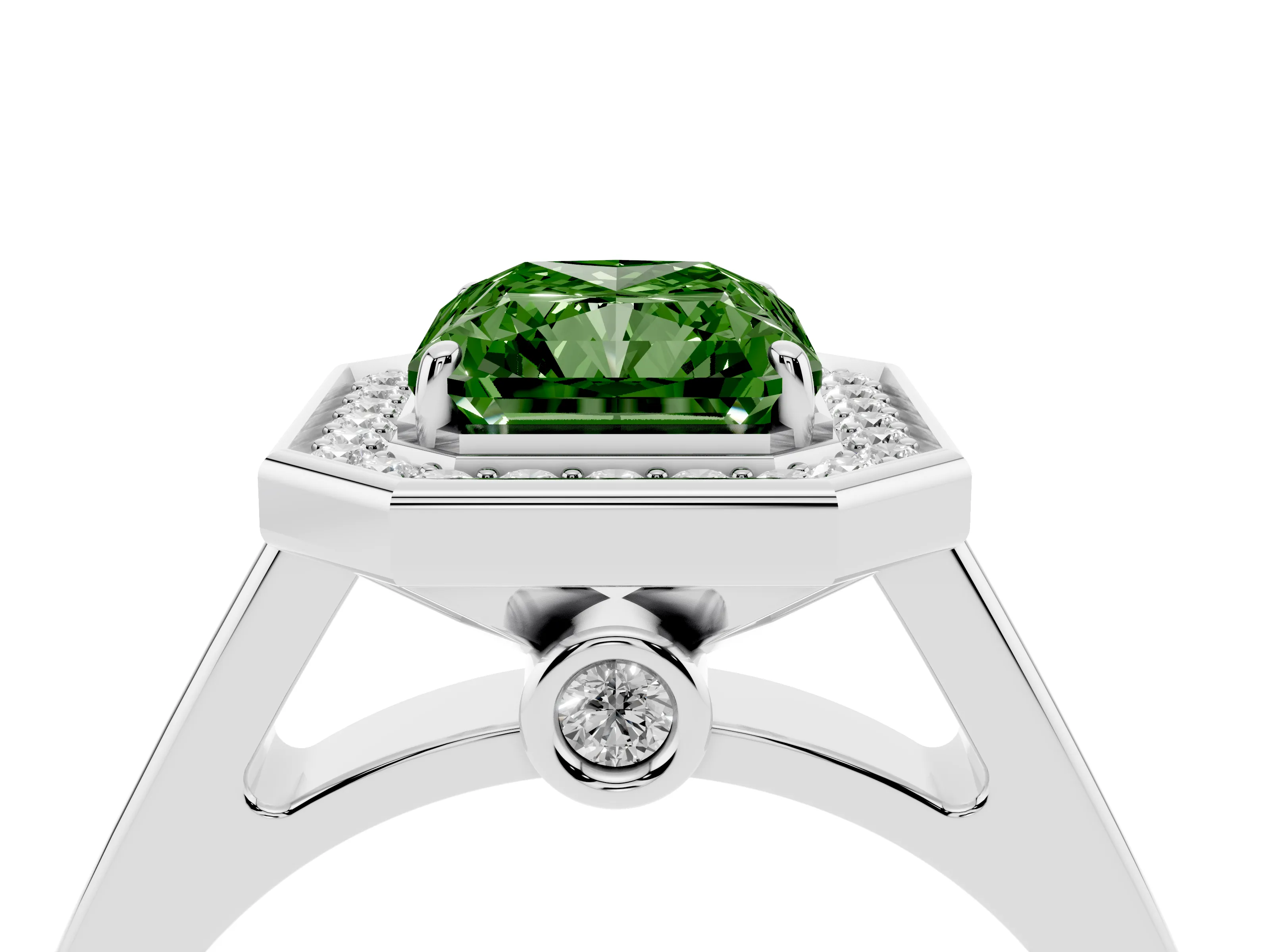 Fancy Green Radiant Cut Diamond Halo Solitaire Ring Set in Platinum with Pavé Band and Bezel Setting