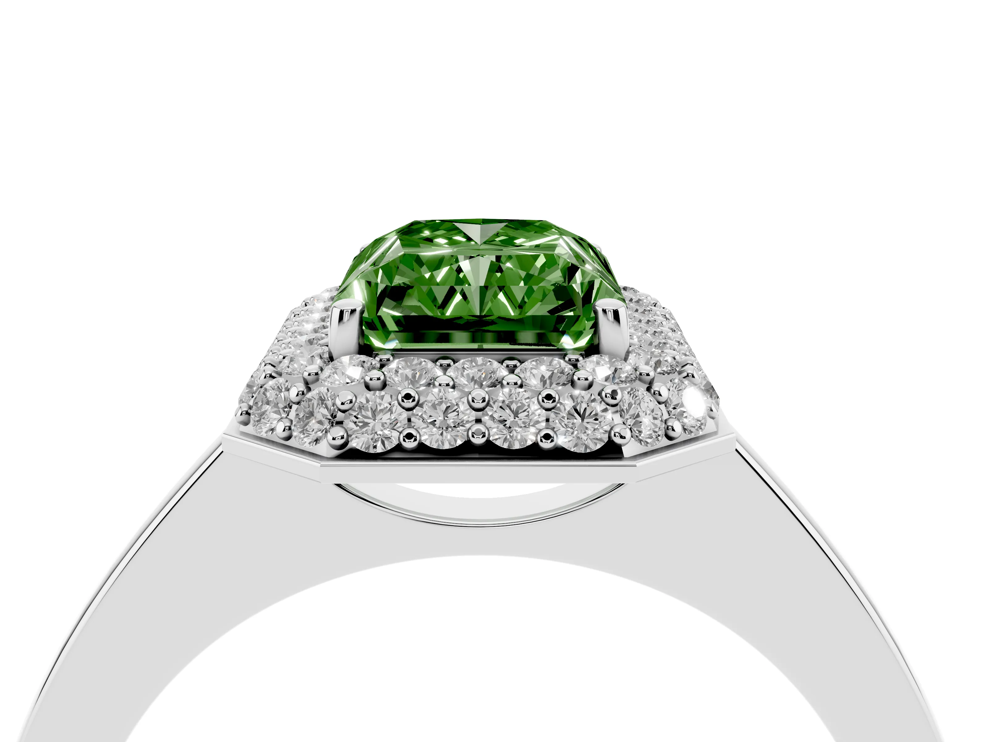 Fancy Green Radiant Cut Diamond Halo Engagement Ring Set in Platinum with Solitaire Band and Prong Setting