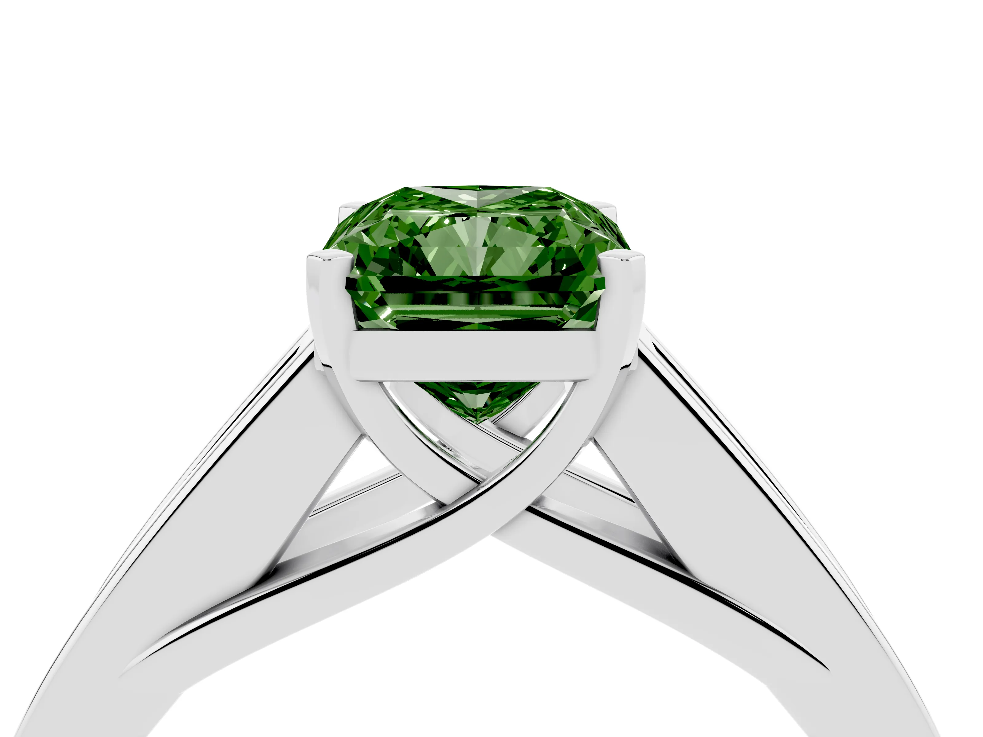 Fancy Green Radiant Cut Diamond Solitaire Ring Set in Silver with Channel-Set Accent Stones and Prong Setting