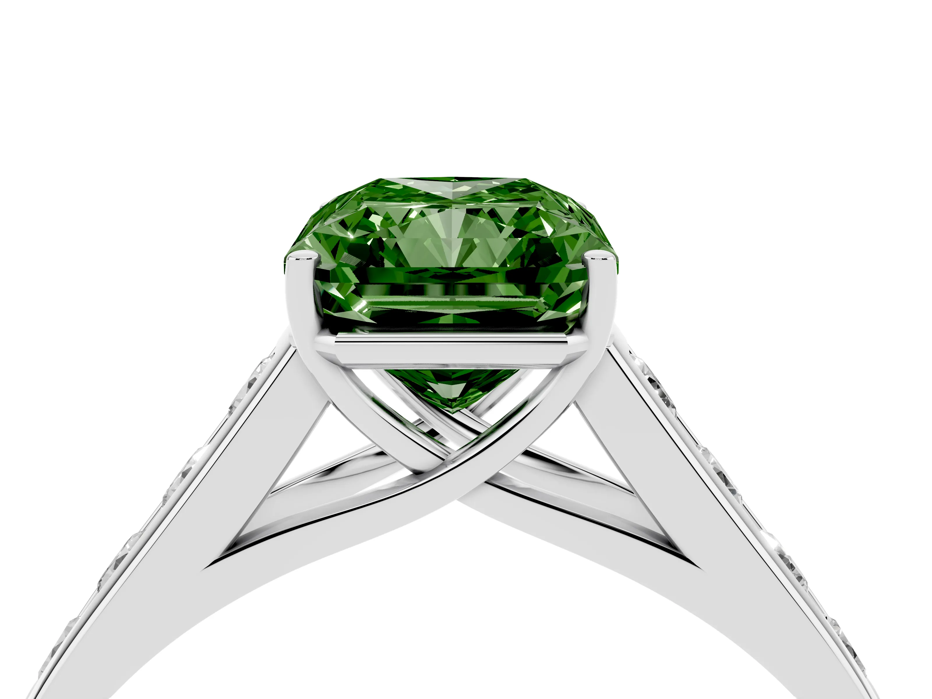 Fancy Green Radiant Cut Diamond Brilliant Channel-Set Solitaire Ring Set in White gold with Prong Setting