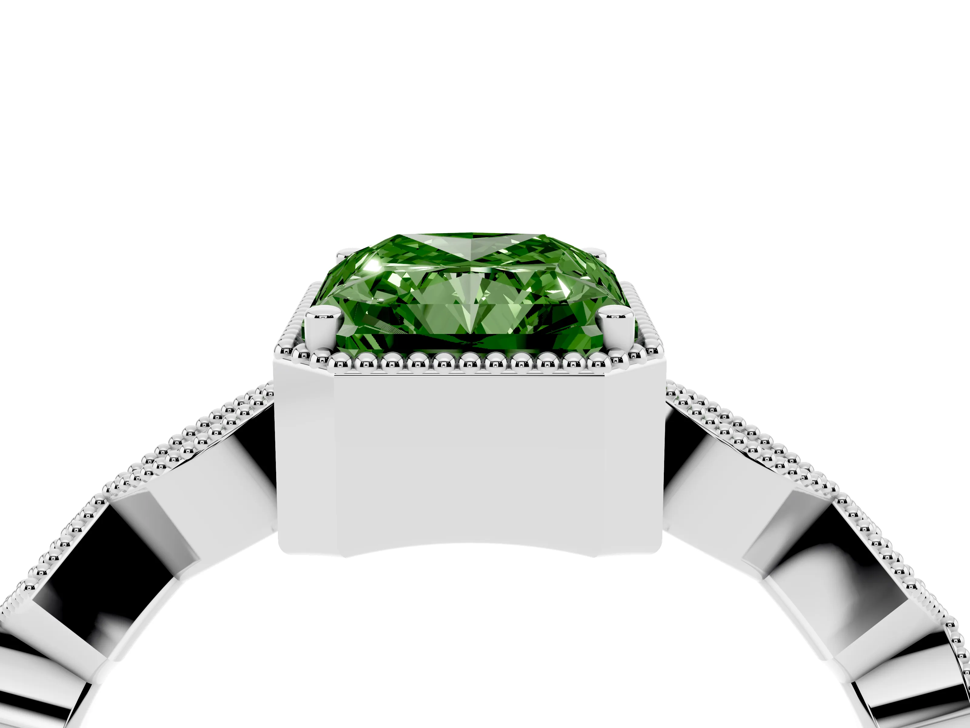 Fancy Green Radiant Cut Diamond Milgrain Marquise Twist Band Ring Set in White gold with Prong Setting