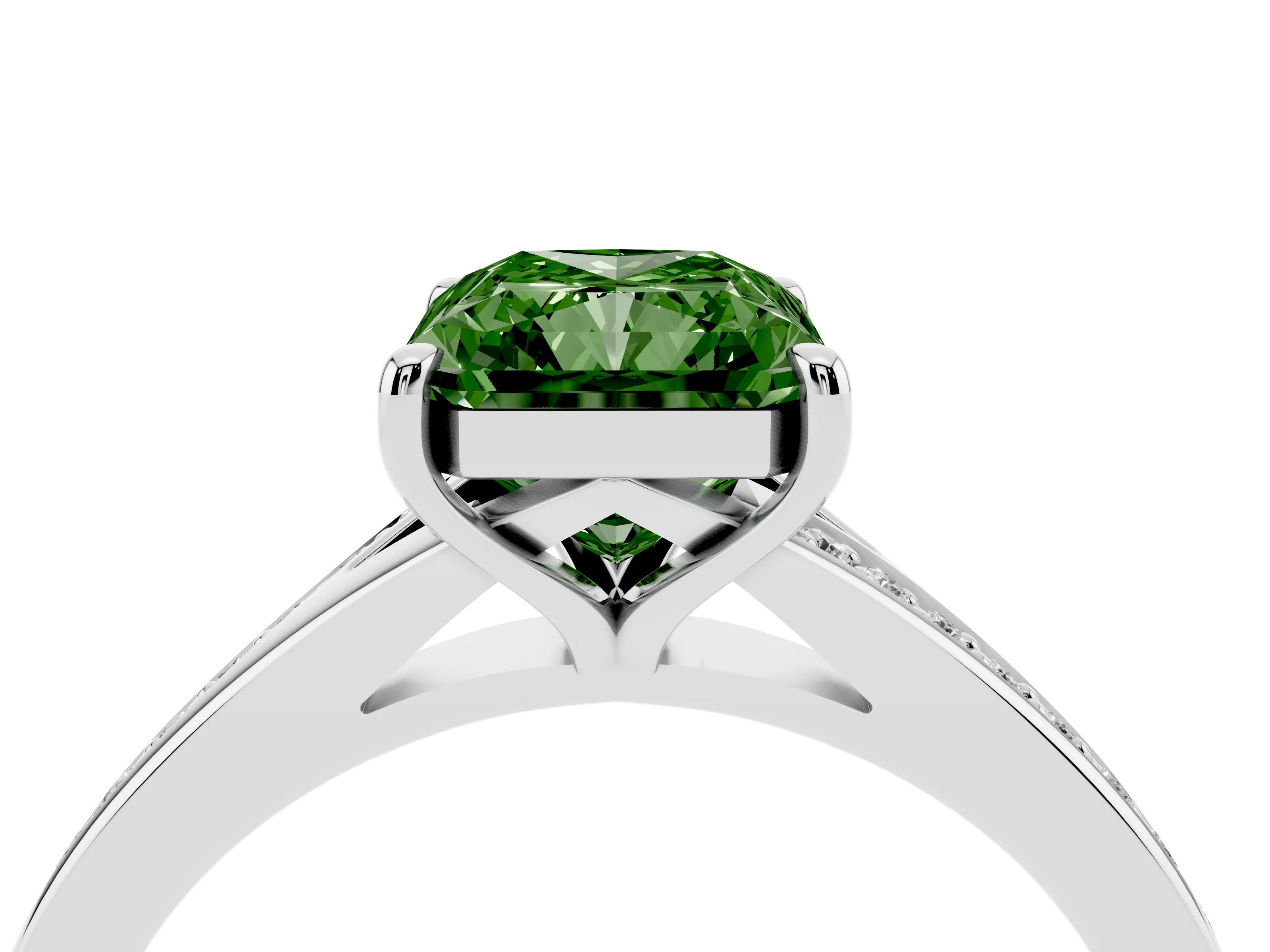 Fancy Green Radiant Cut Diamond Solitaire Ring Set in Platinum with Pavé Accent Band and Classic Prong Setting