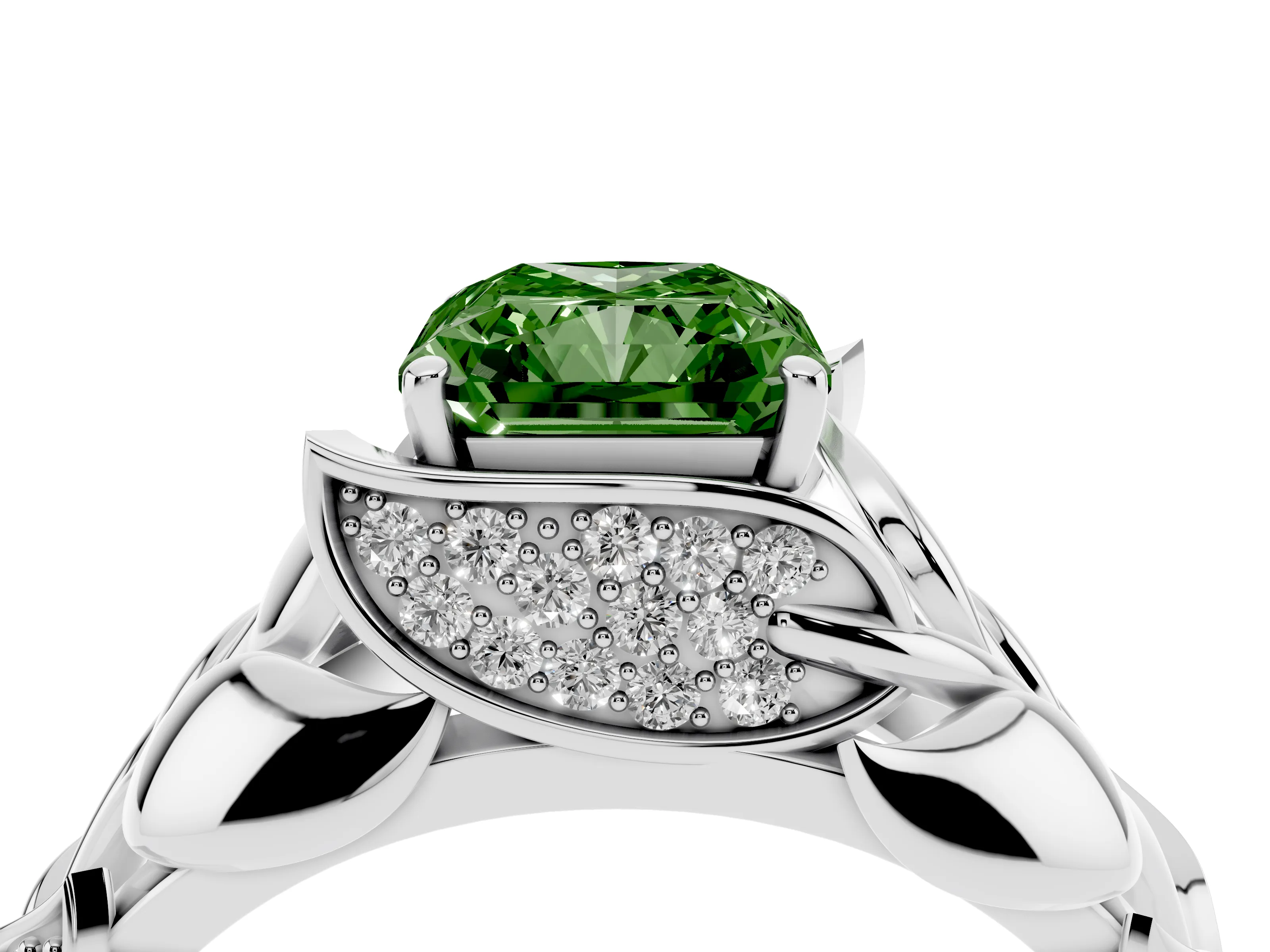 Fancy Green Radiant Cut Diamond Leaf-Inspired Engagement Ring Set in White gold with Round Accents