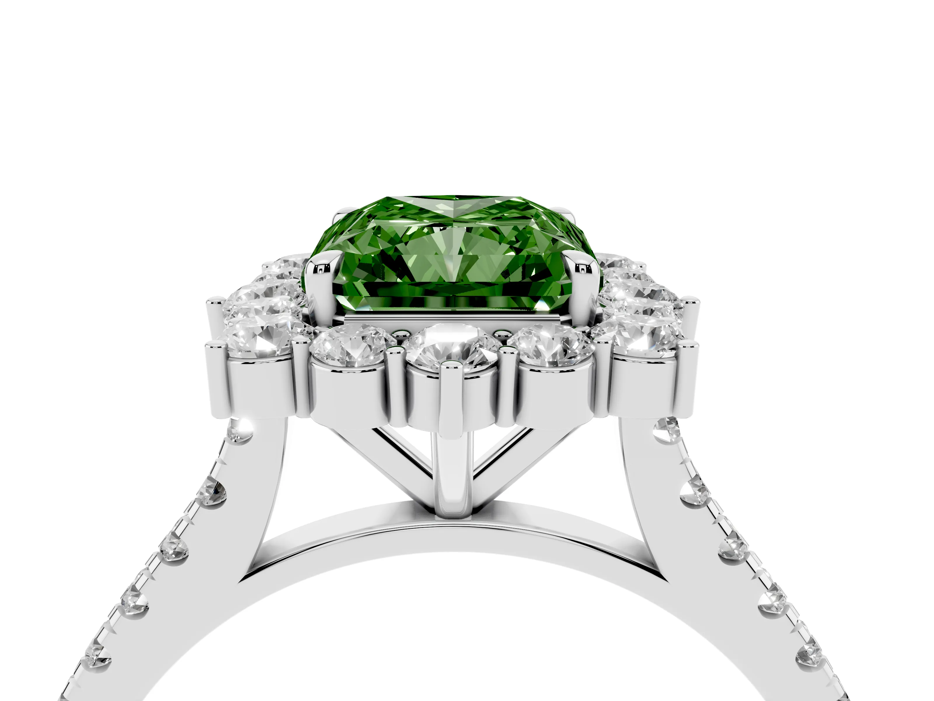 Fancy Green Radiant Cut Diamond Halo Ring Set in Silver with Pavé Band and Prong Setting