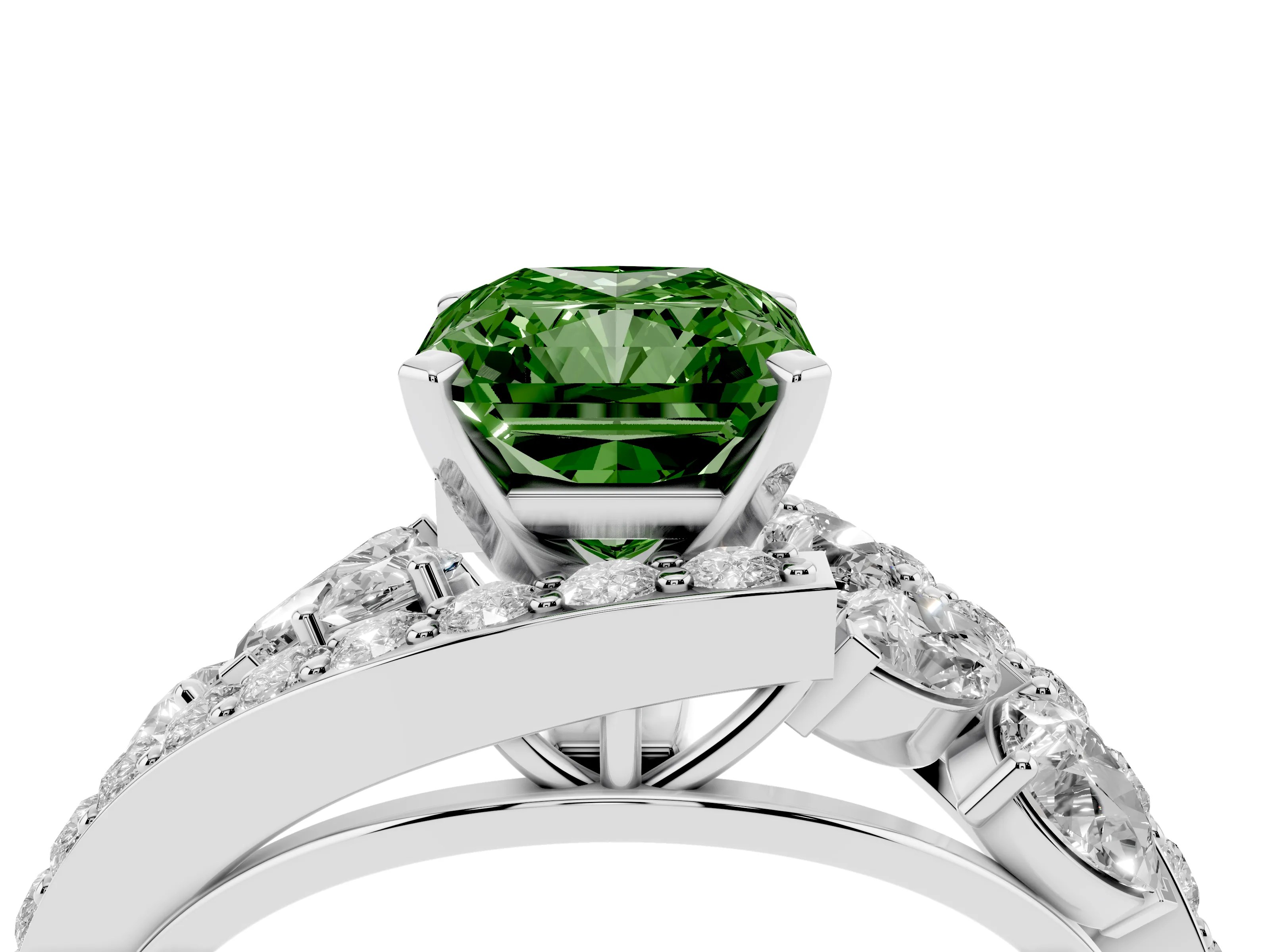 Fancy Green Radiant Cut Diamond Halo Ring Set in Silver with Marquise and Pavé Band in Prong Setting