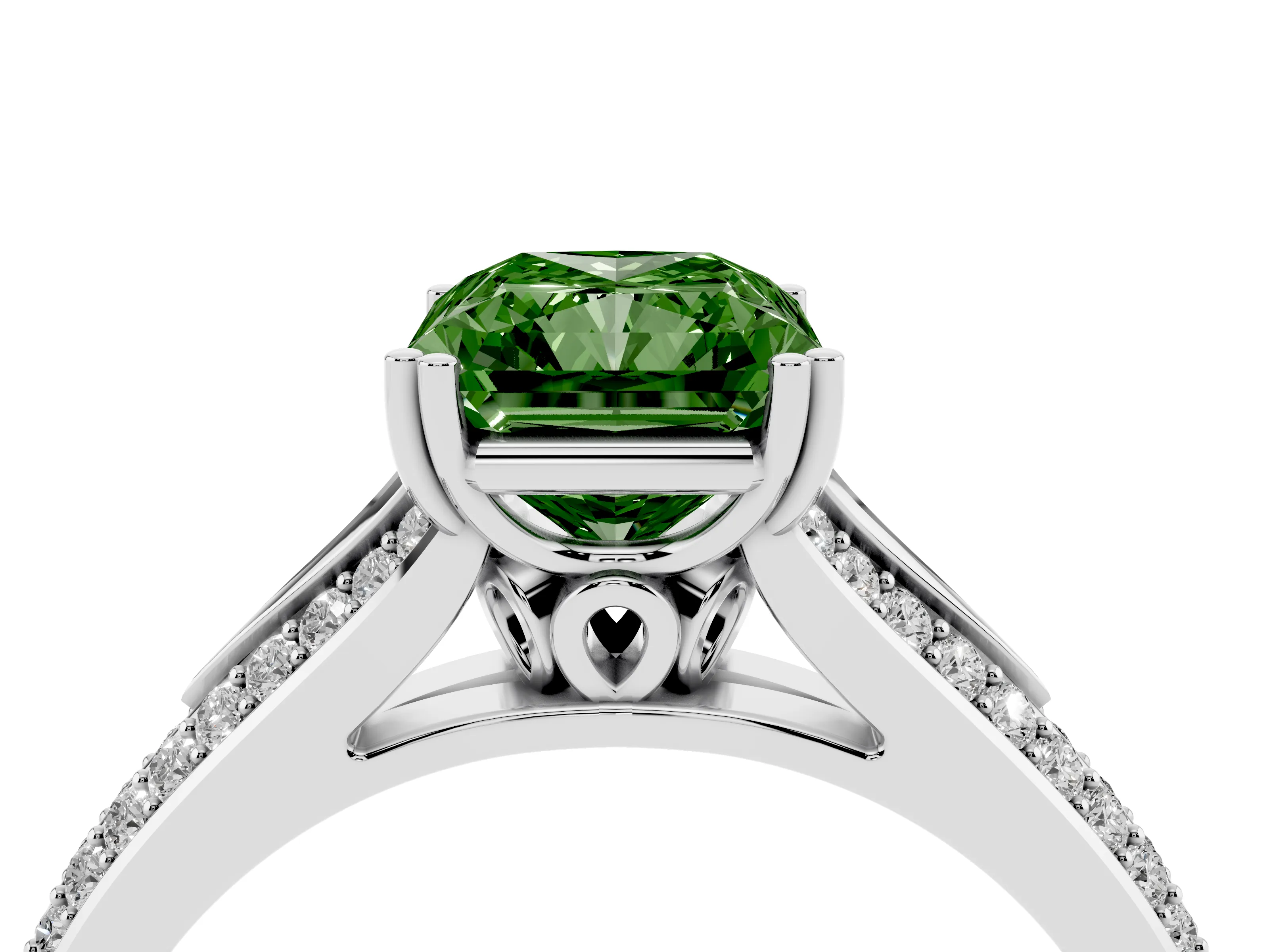 Fancy Green Radiant Cut Diamond Split Shank Pavé Engagement Ring Set in Platinum with Prong-Set Center Stone