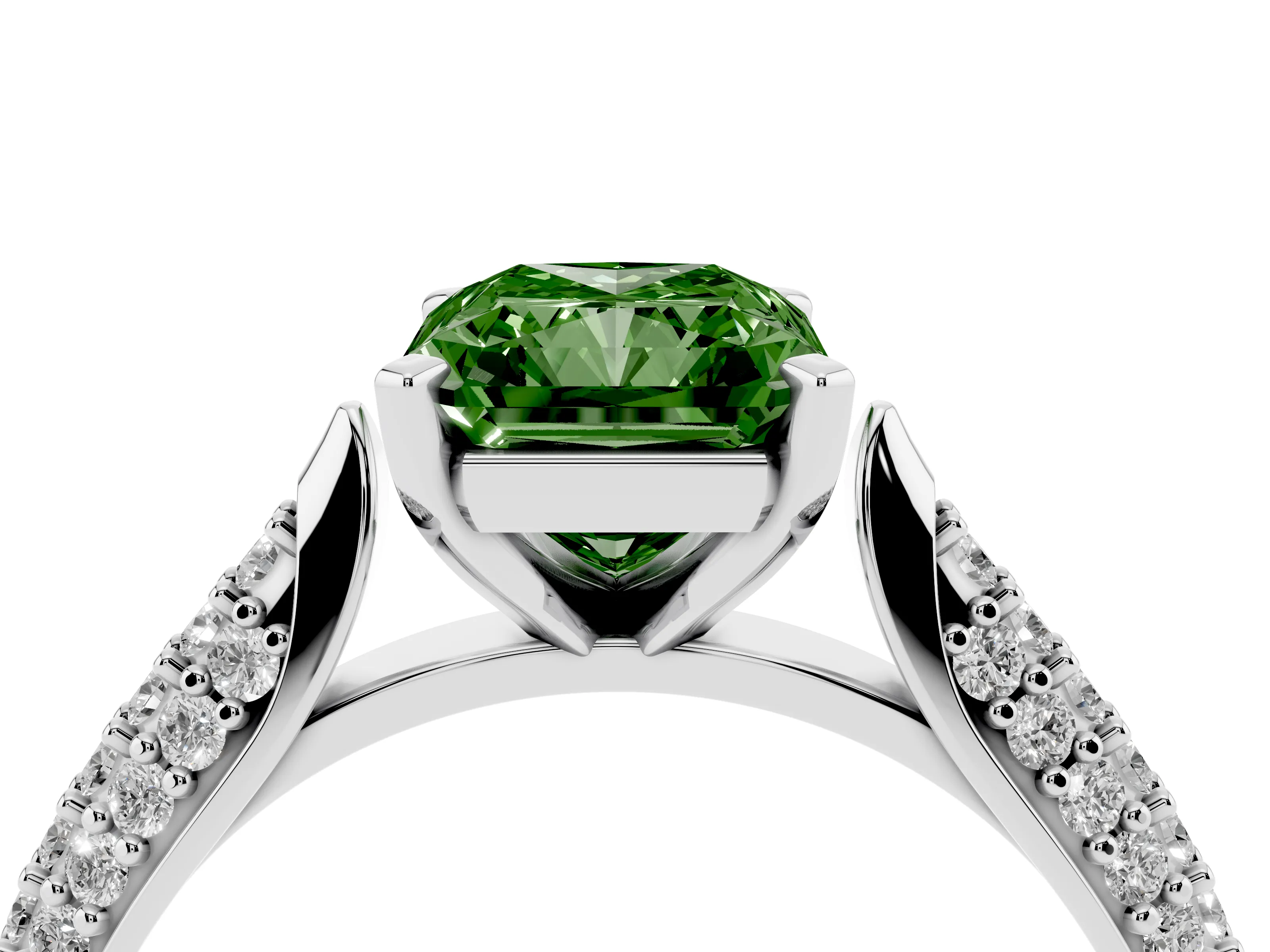 Fancy Green Radiant Cut Diamond Solitaire Engagement Ring Set in White gold with Multi-Row Round Pavé Band and Prong Setting