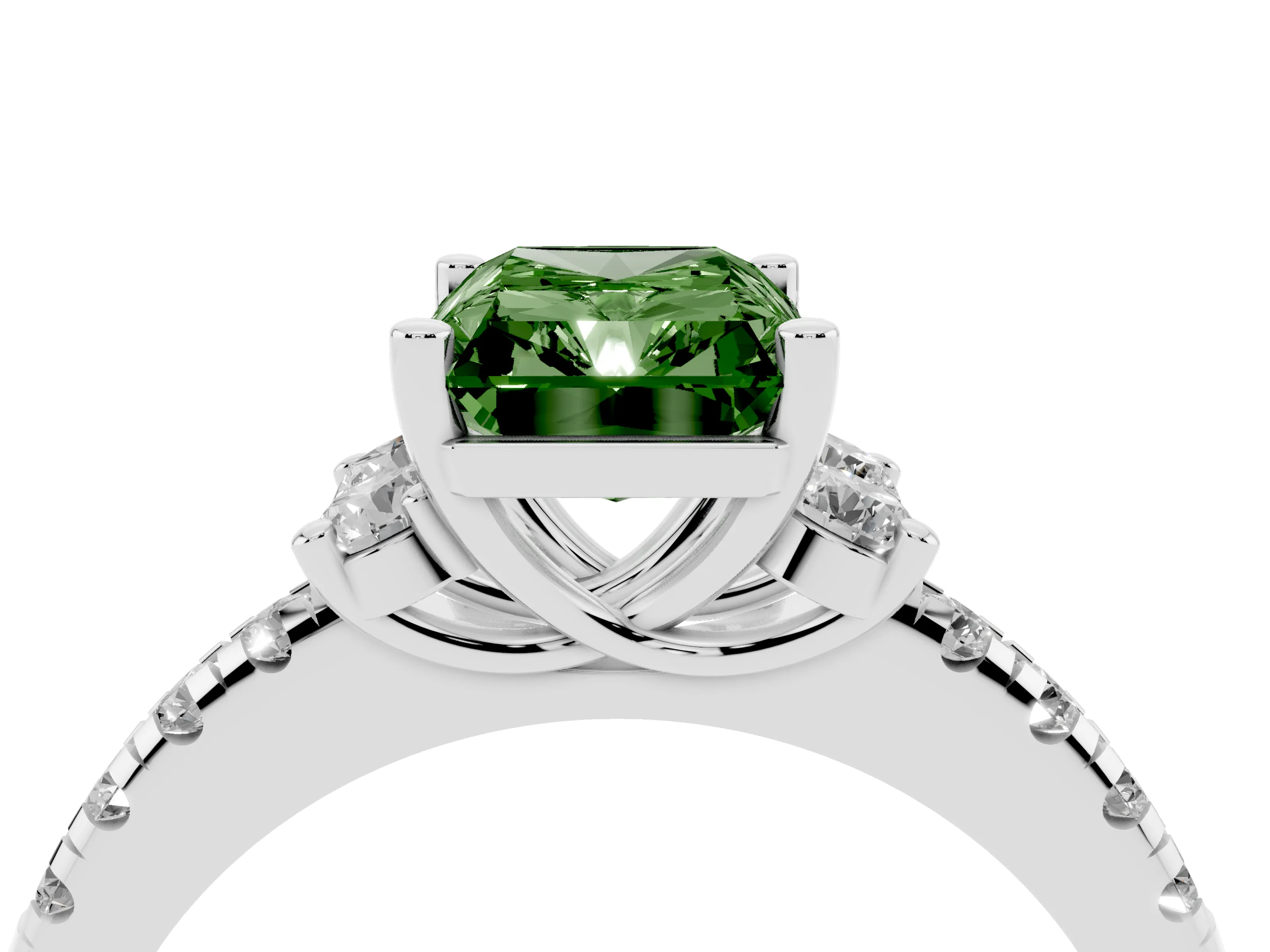 Fancy Green Radiant Cut Diamond Three-Stone Pavé Ring Set in Platinum with Prong Setting