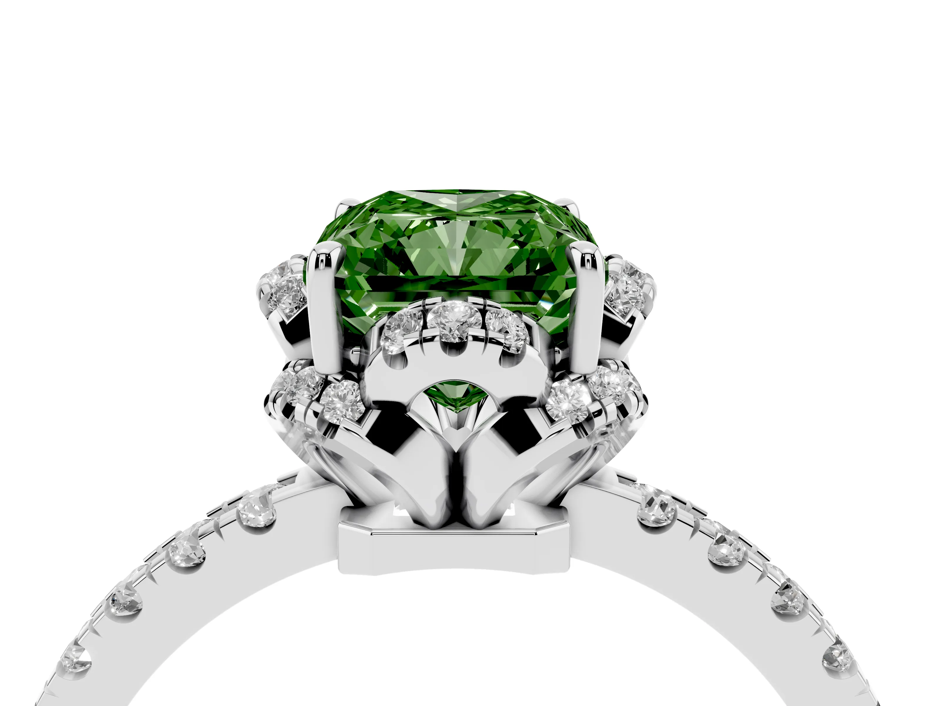 Fancy Green Radiant Cut Diamond Halo Pavé Band Ring Set in White gold with Prong-Held Center