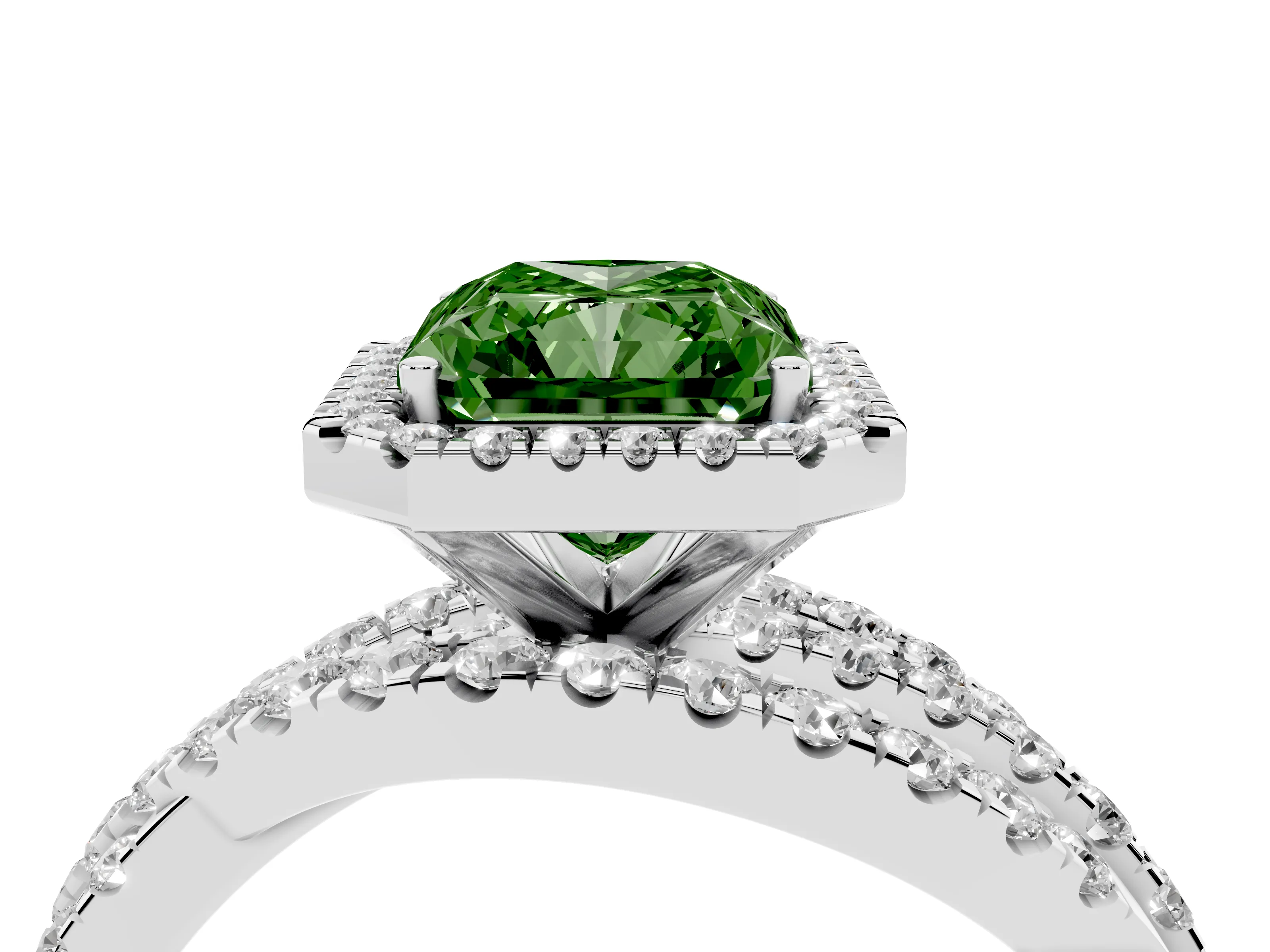 Fancy Green Radiant Cut Diamond Halo Ring Set in Platinum with Round Crossover Split Shank and Prong Setting