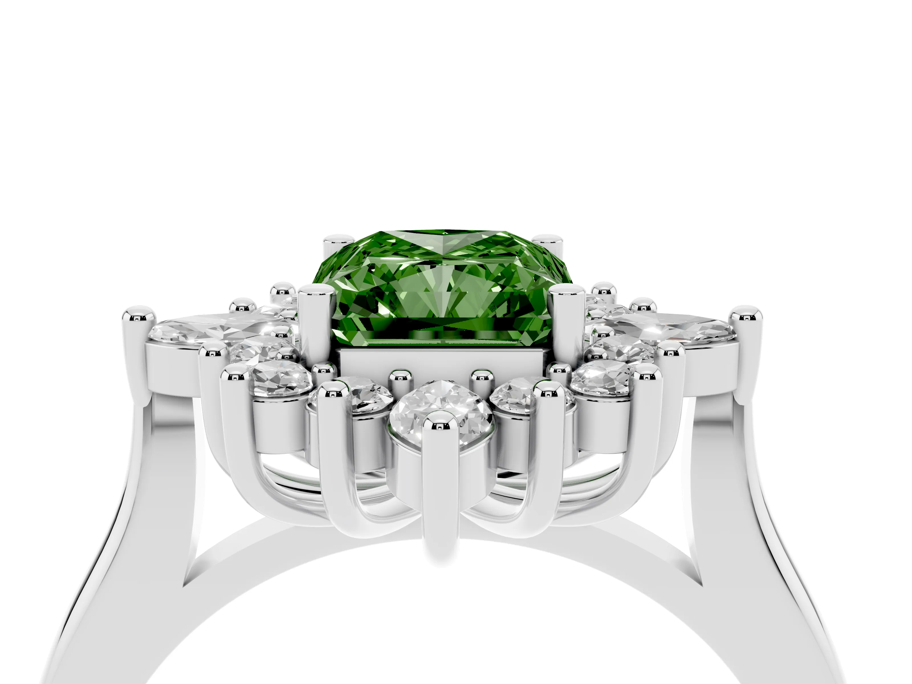 Fancy Green Radiant Cut Diamond Cluster Halo Ring Set in Platinum with Marquise and Round Accents
