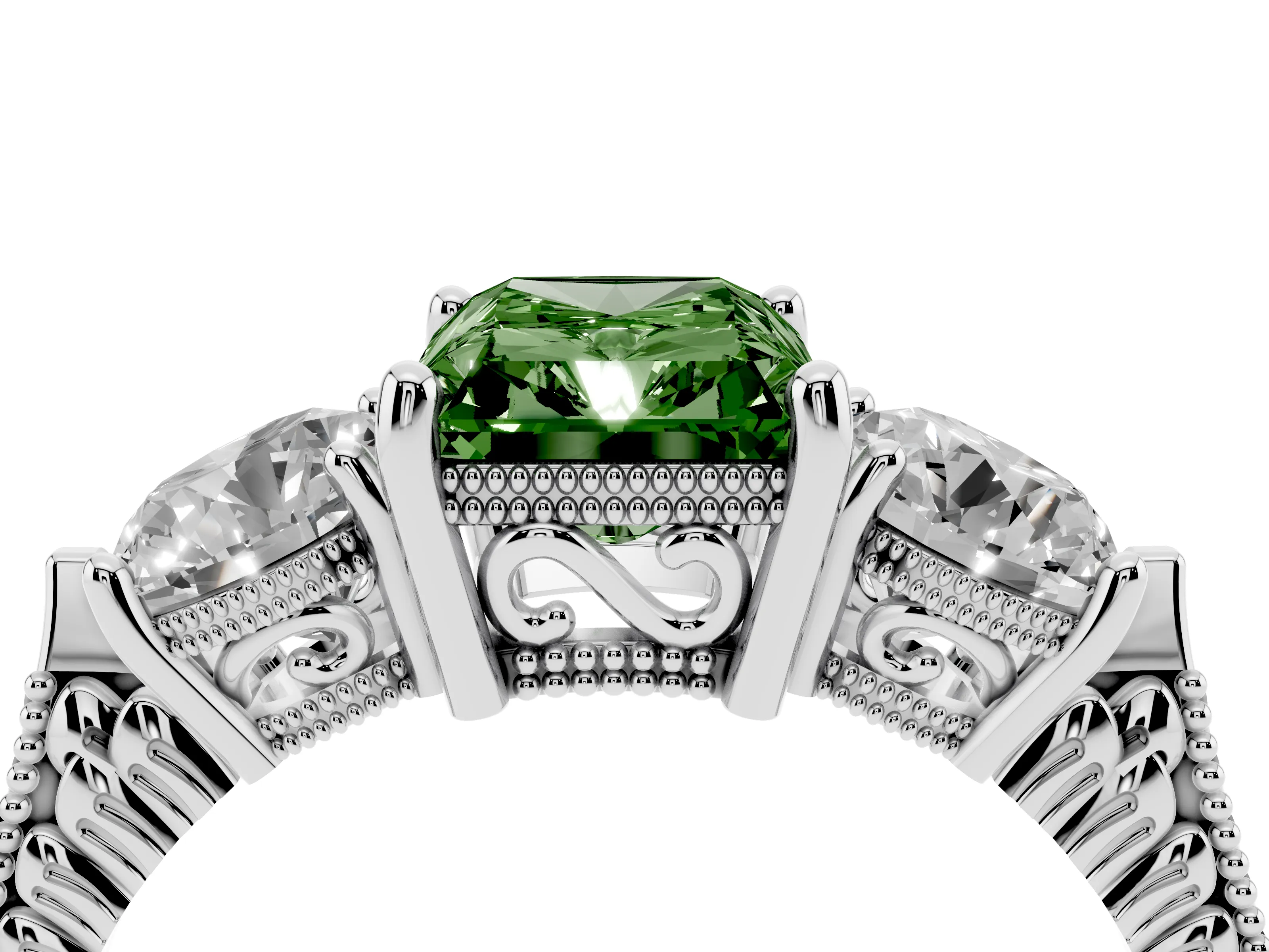 Fancy Green Radiant Cut Diamond Three-Stone Ring Set in Silver with Milgrain Band