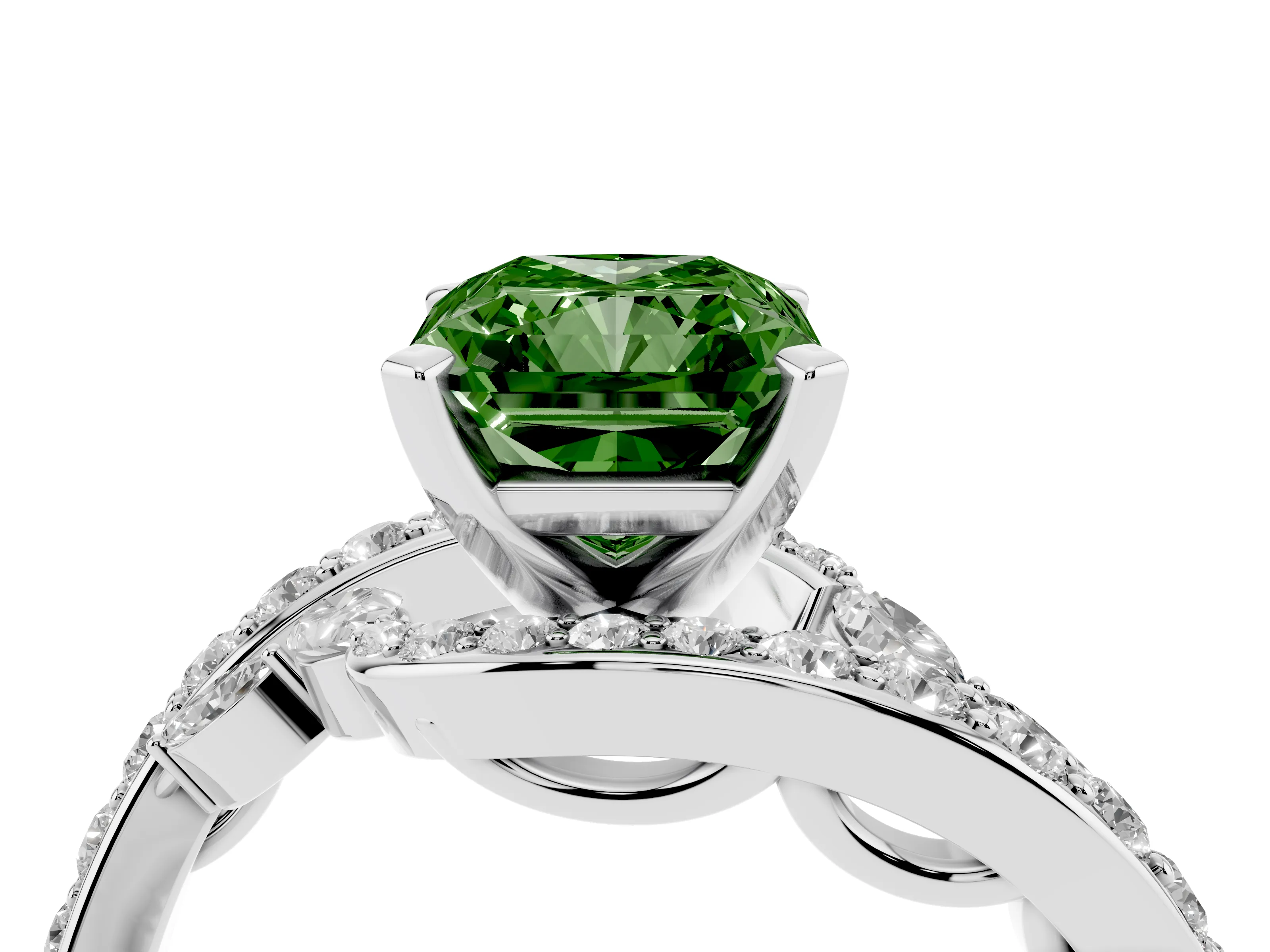 Fancy Green Radiant Cut Diamond Solitaire Ring Set in White gold with Pavé Twist Band and Secure Prong Setting