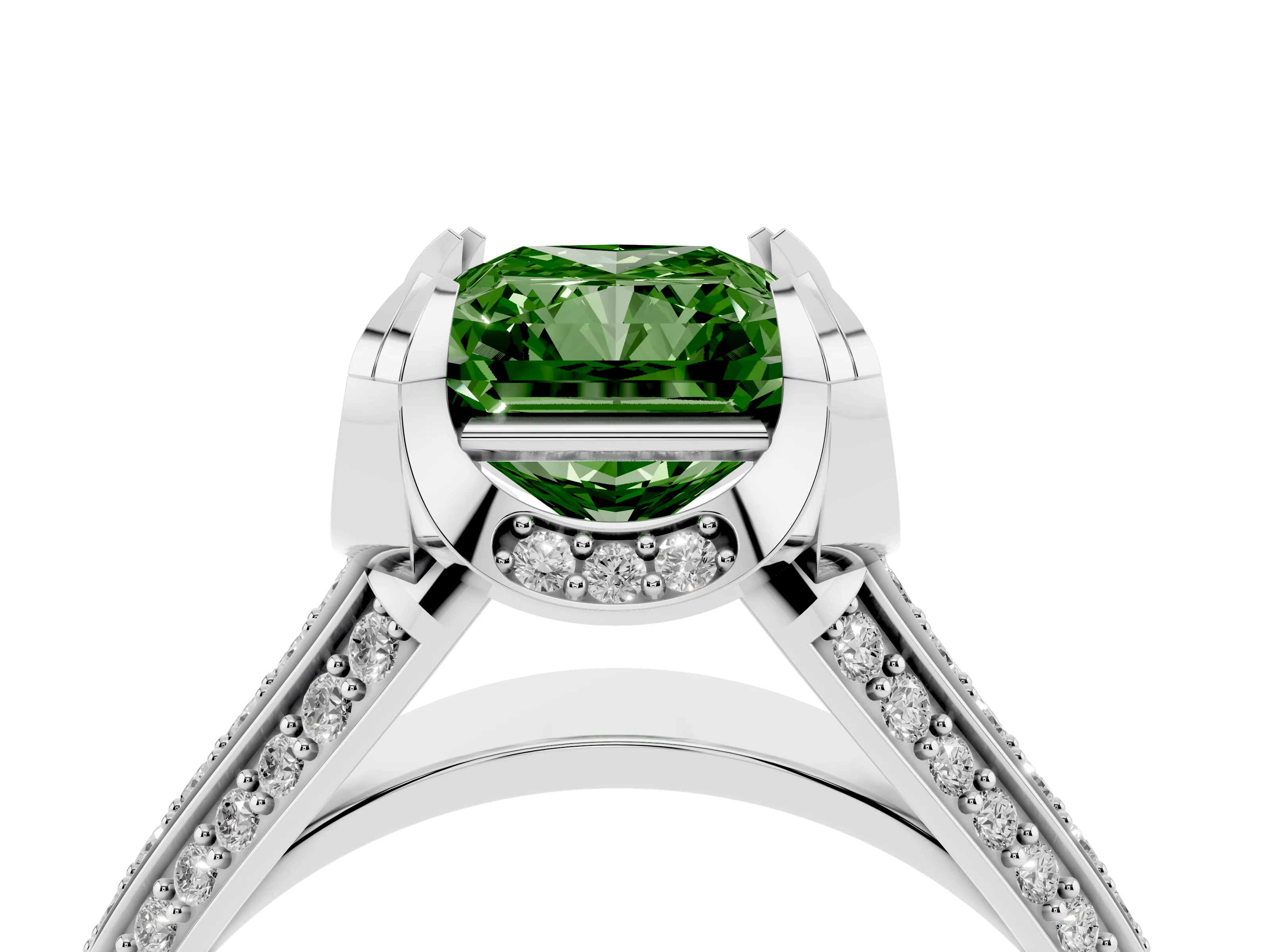 Fancy Green Radiant Cut Diamond Pavé Split Shank Solitaire Ring Set in Silver with Prong Setting