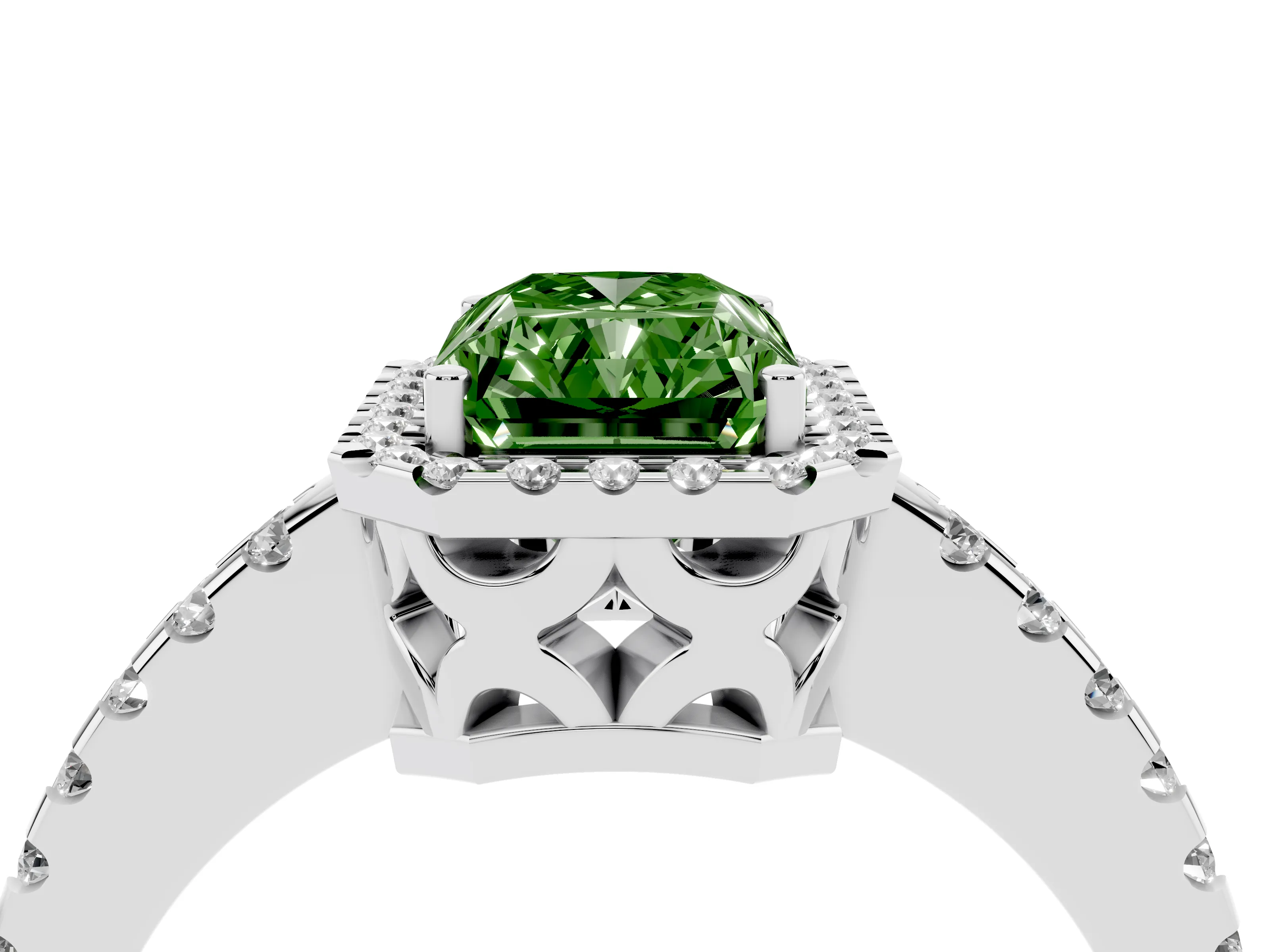 Fancy Green Radiant Cut Diamond Halo Ring Set in Platinum with Pavé Shoulders and Halo-Framed Center