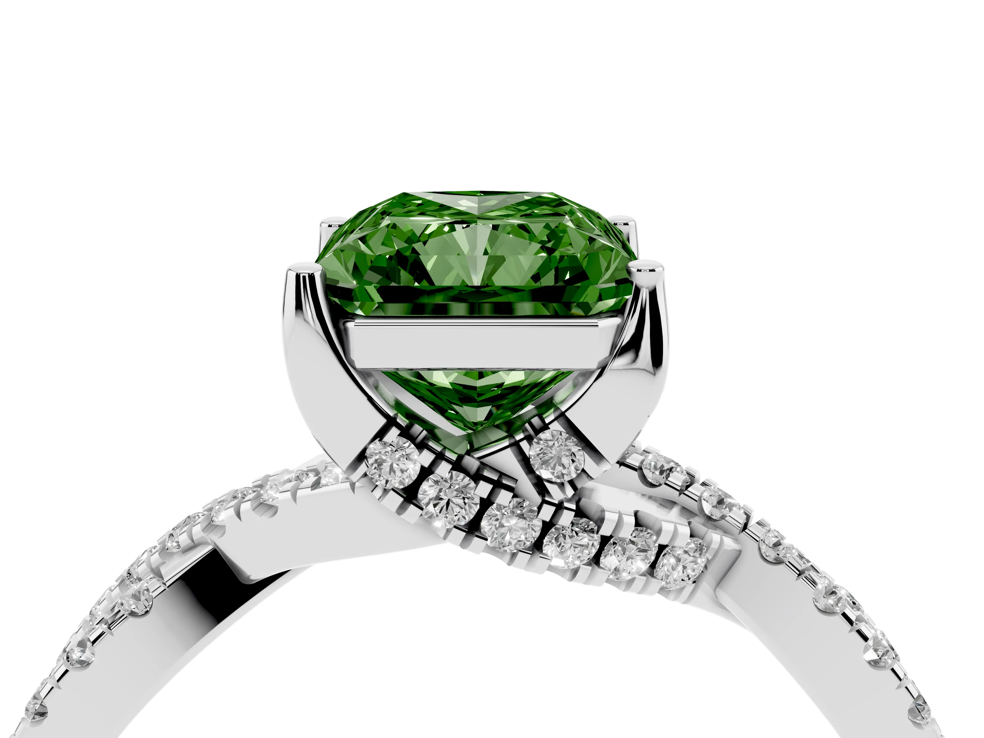 Fancy Green Radiant Cut Diamond Twist Pavé Solitaire Engagement Ring Set in Silver with Prong Setting