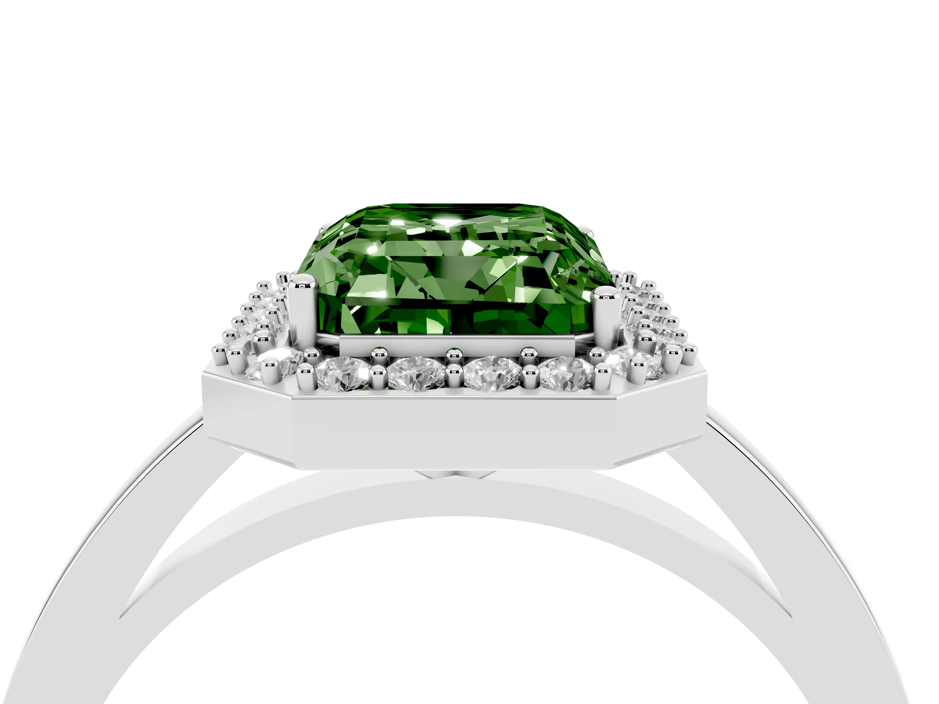 Fancy Green Radiant Cut Diamond Halo Ring Set in Silver with Solitaire Band and Prong Setting