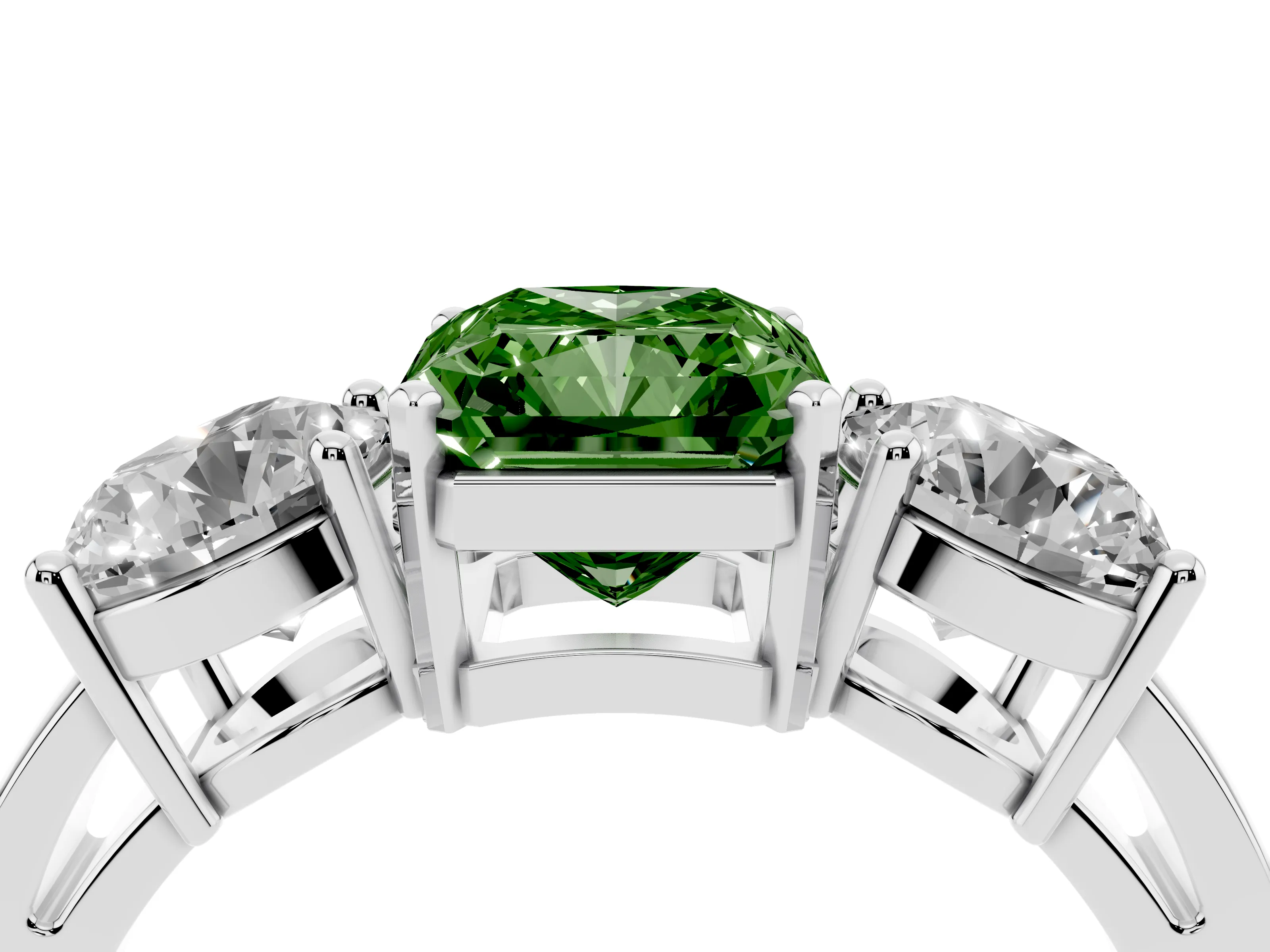 Fancy Green Radiant Cut Diamond Three-Stone Ring Set in Platinum with Round Side Stones and Classic Band