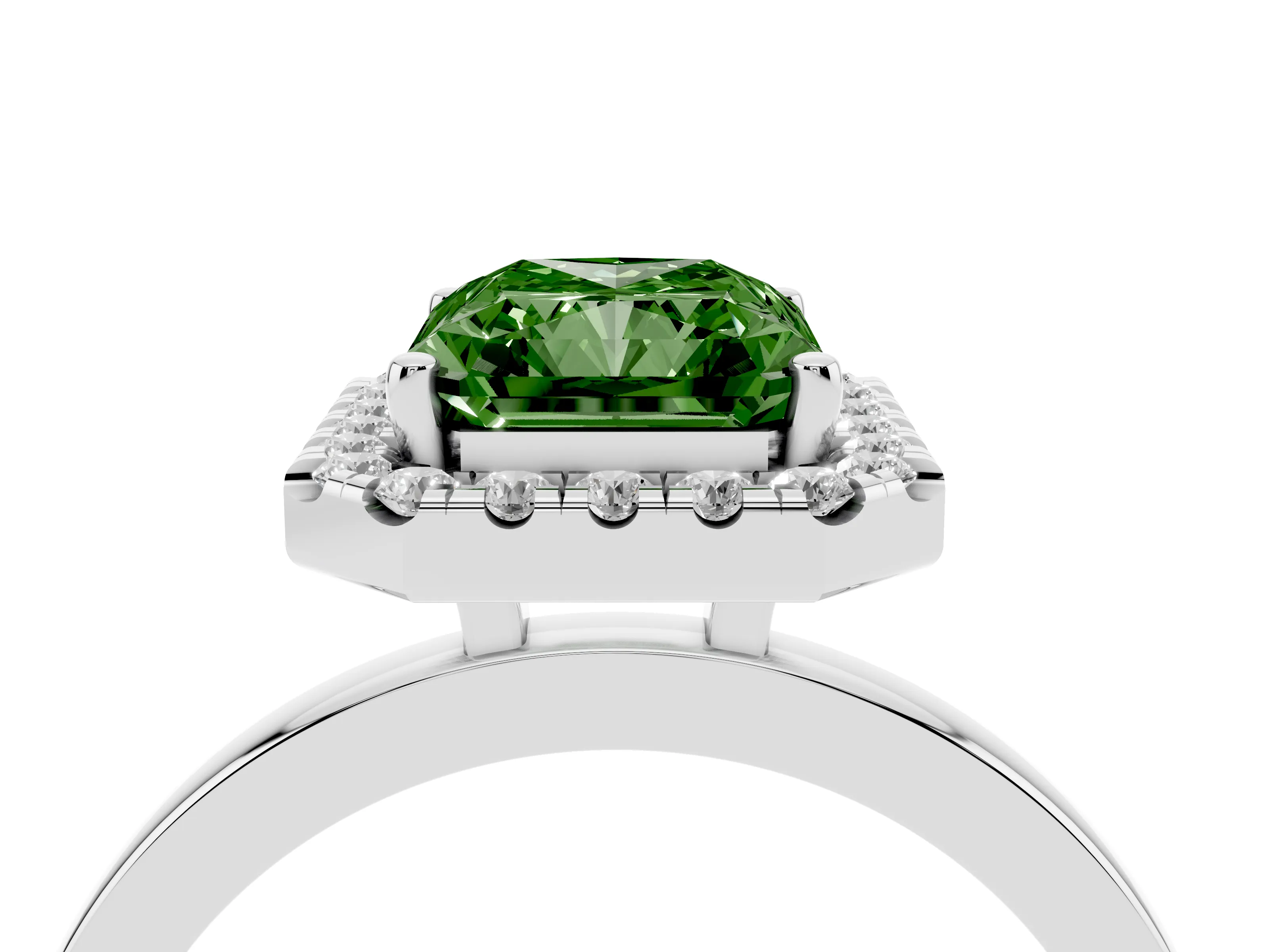 Fancy Green Radiant Cut Diamond Halo Solitaire Ring Set in Platinum with Pavé Band and Prong Setting