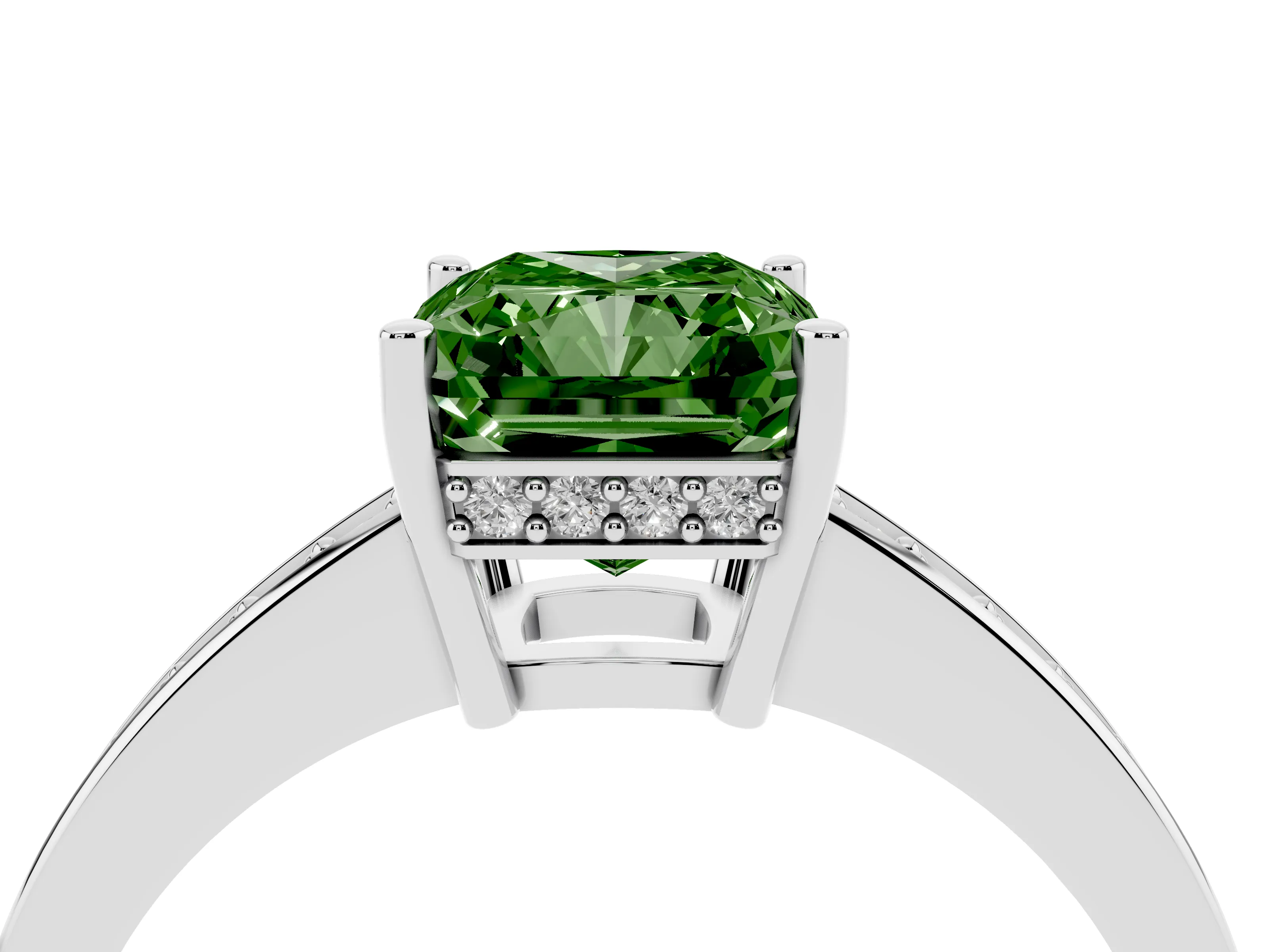 Fancy Green Radiant Cut Diamond Pavé Band Prong Set Solitaire Ring Set in Silver