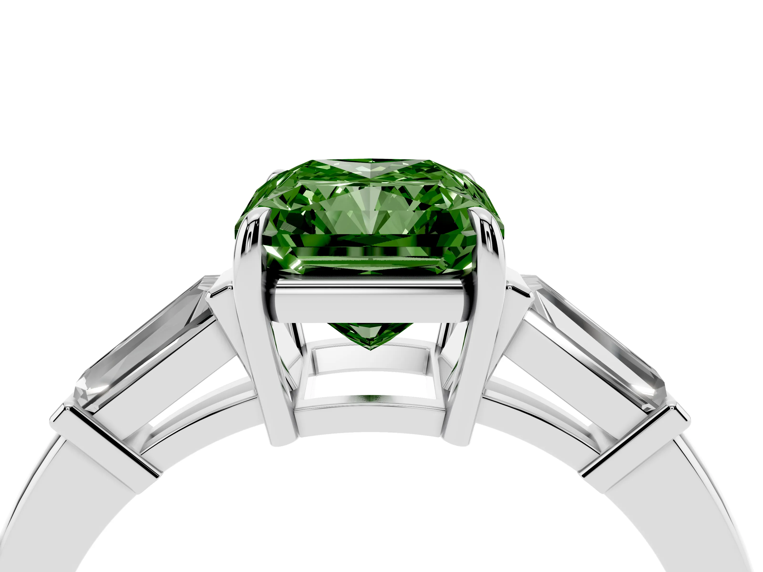 Fancy Green Radiant Cut Diamond Three-Stone Ring Set in Platinum with Tapered Baguette Side Stones and Prong Setting