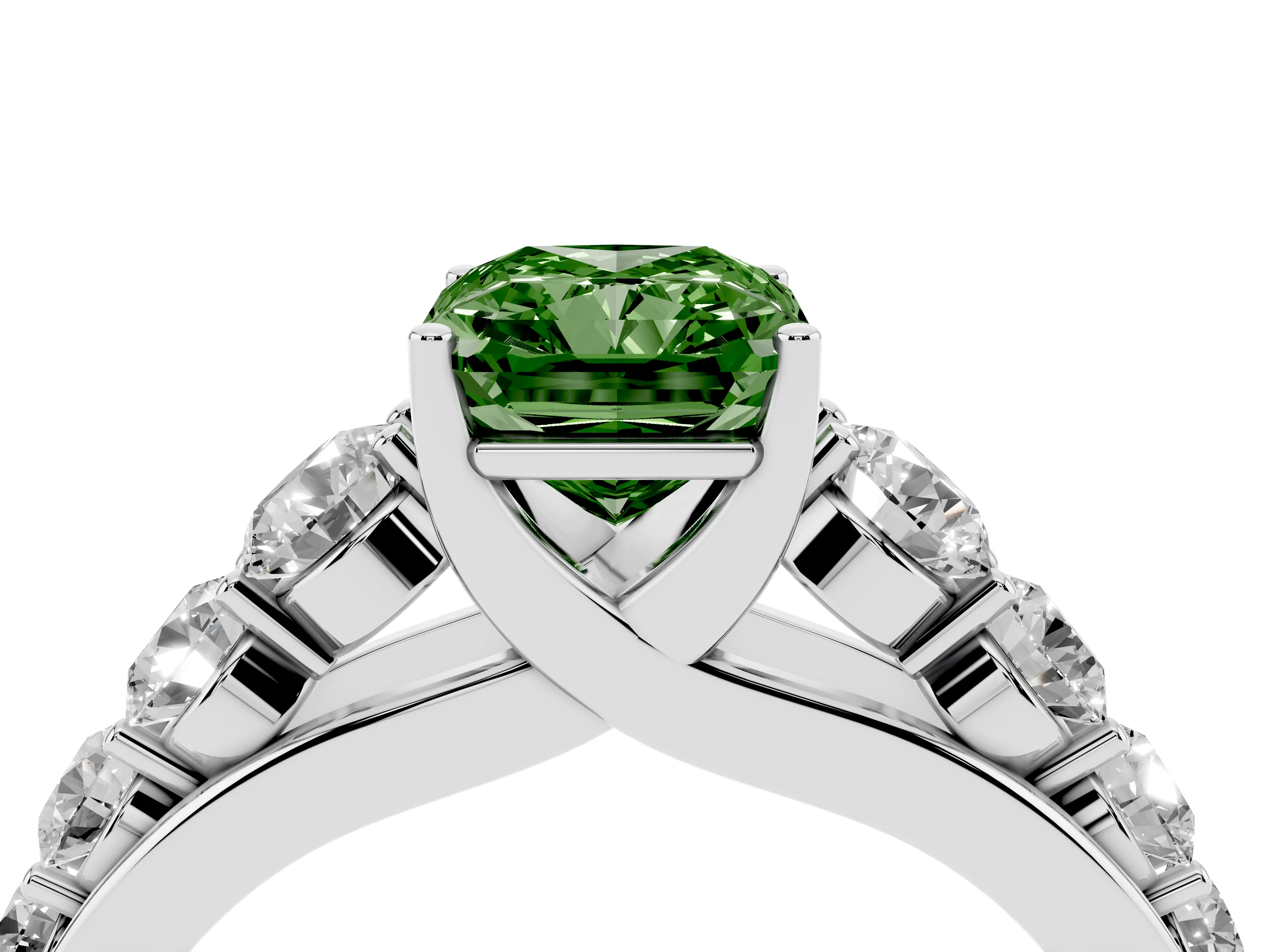 Fancy Green Radiant Cut Diamond Solitaire Ring Set in Platinum with Pavé-Set Band and Prong Setting