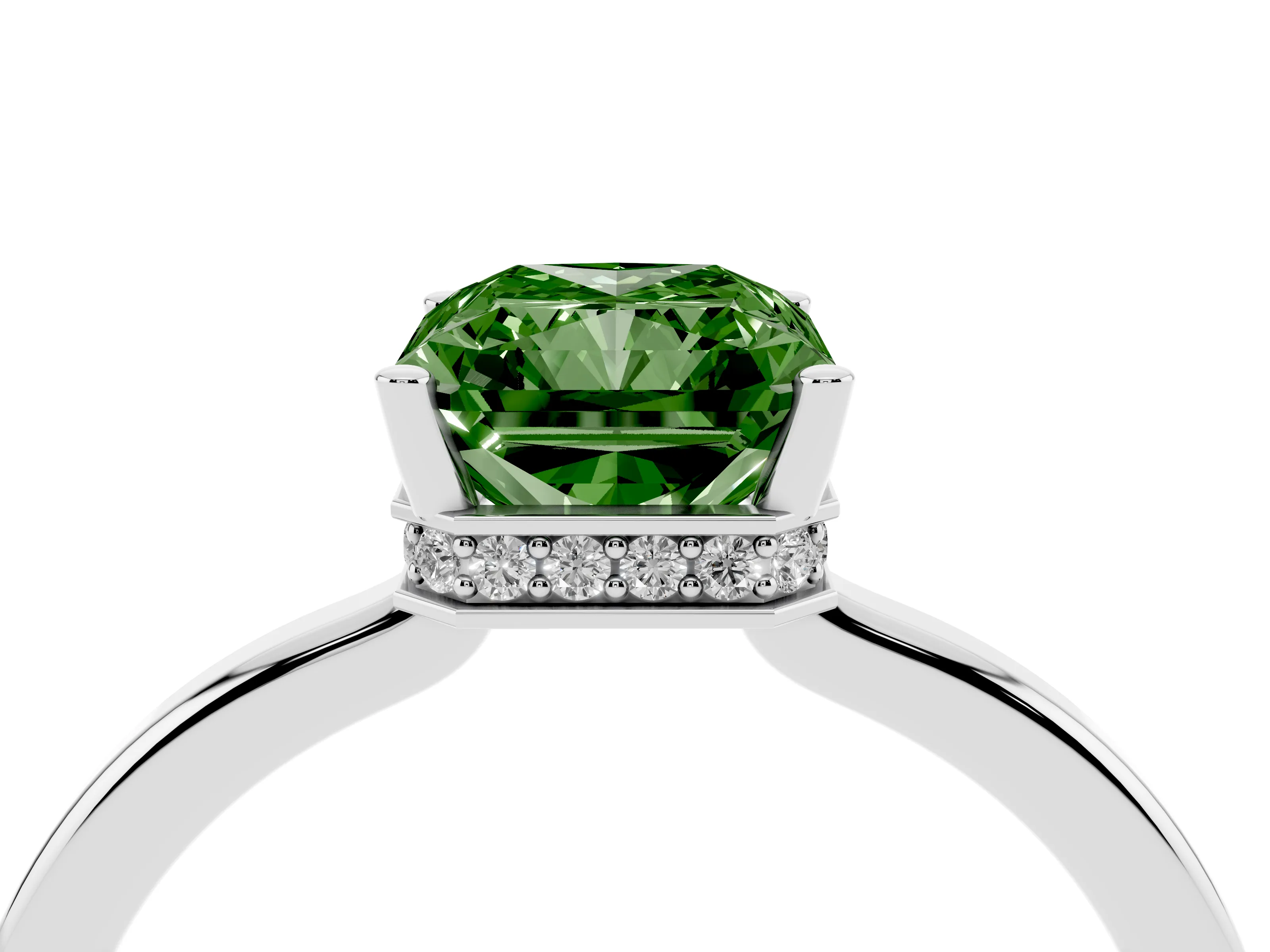 Fancy Green Radiant Cut Diamond Solitaire Engagement Ring Set in Silver with Prong Setting on a Plain Band