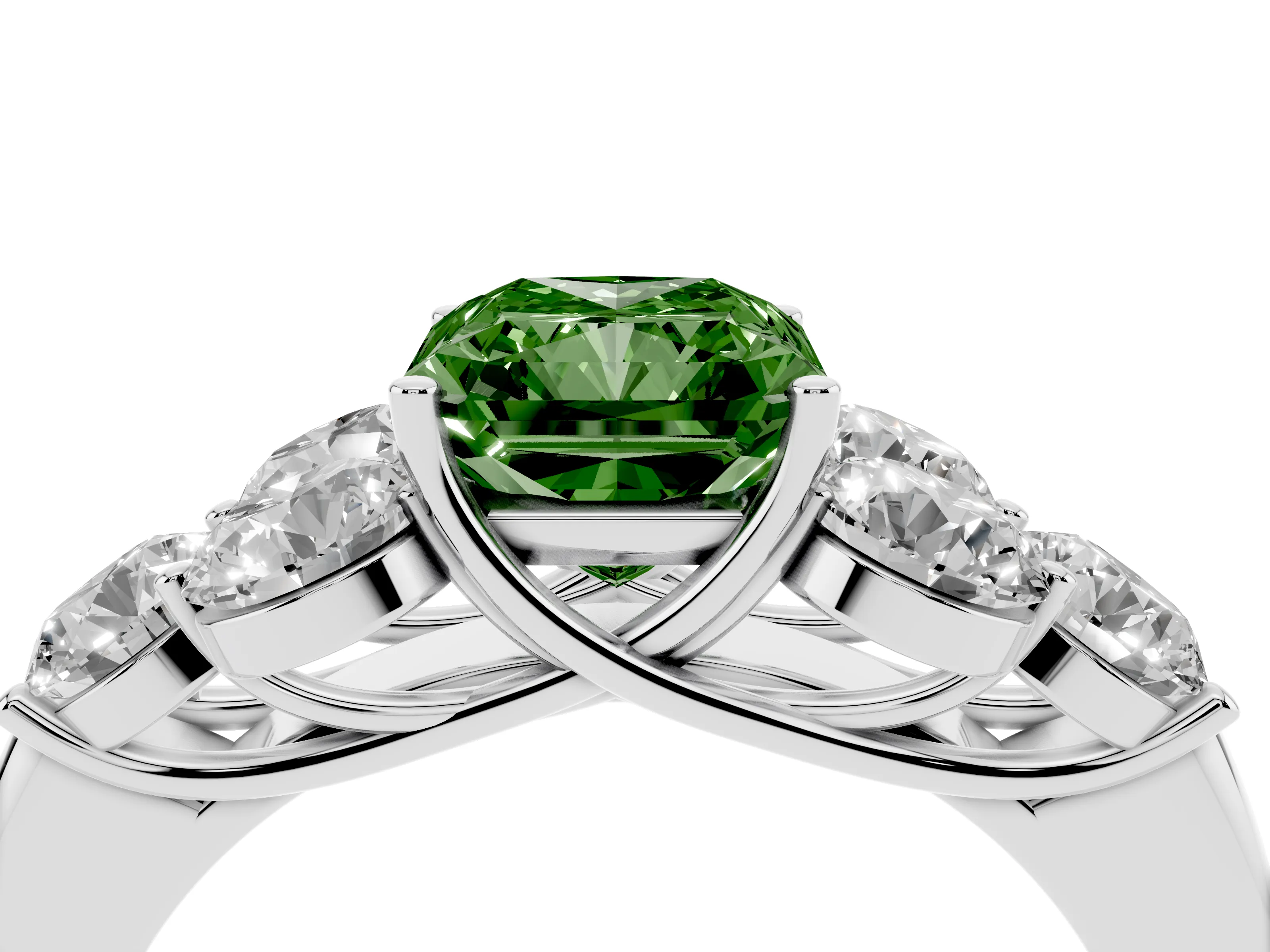 Fancy Green Radiant Cut Diamond Cluster Ring Set in Platinum with Round Accent Stones and Prong Setting on a Plain Band